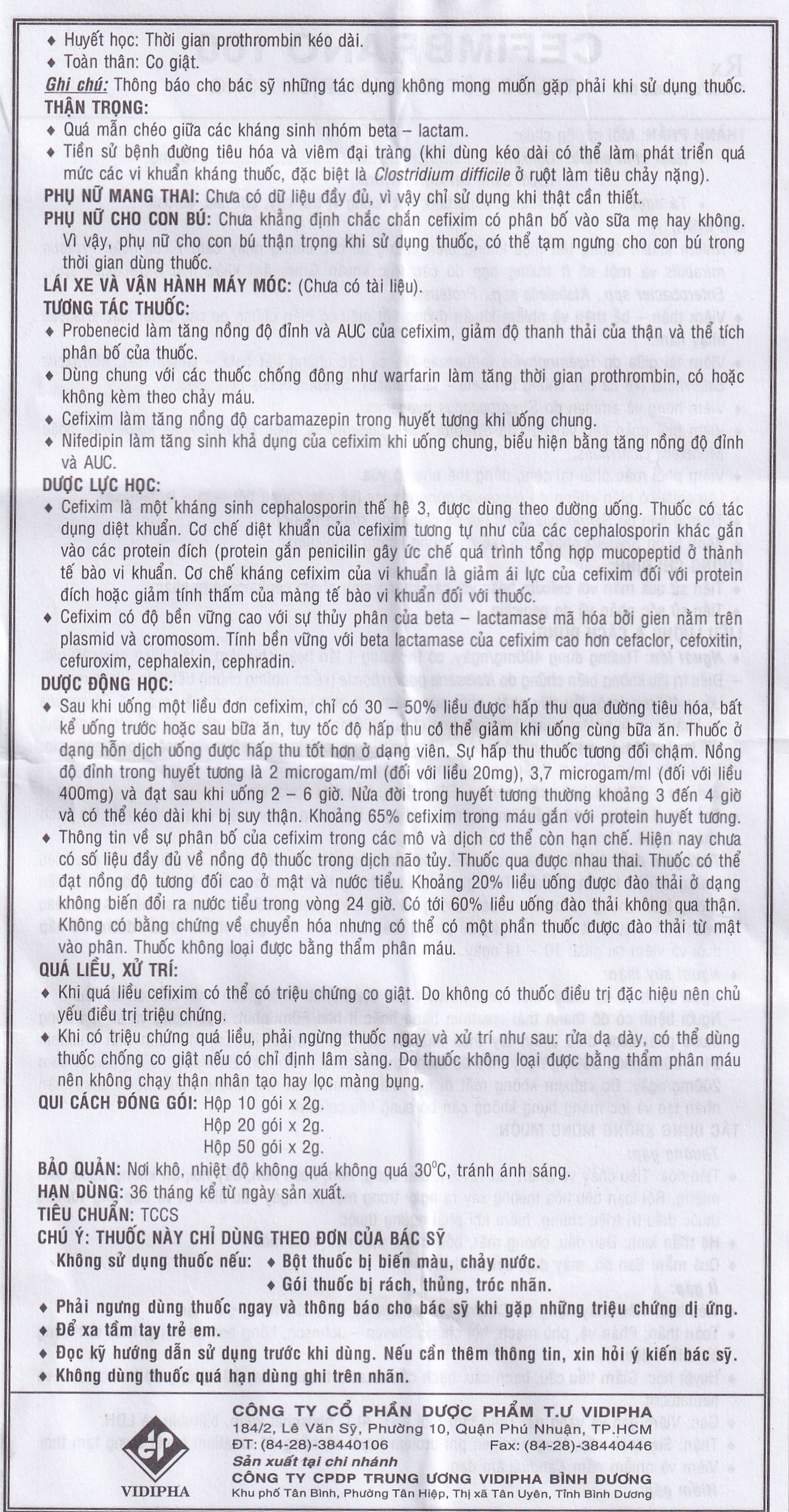 Bột pha hỗn dịch uống Cefimbrano 100 Vidipha điều trị nhiễm khuẩn (10 gói x 2g)