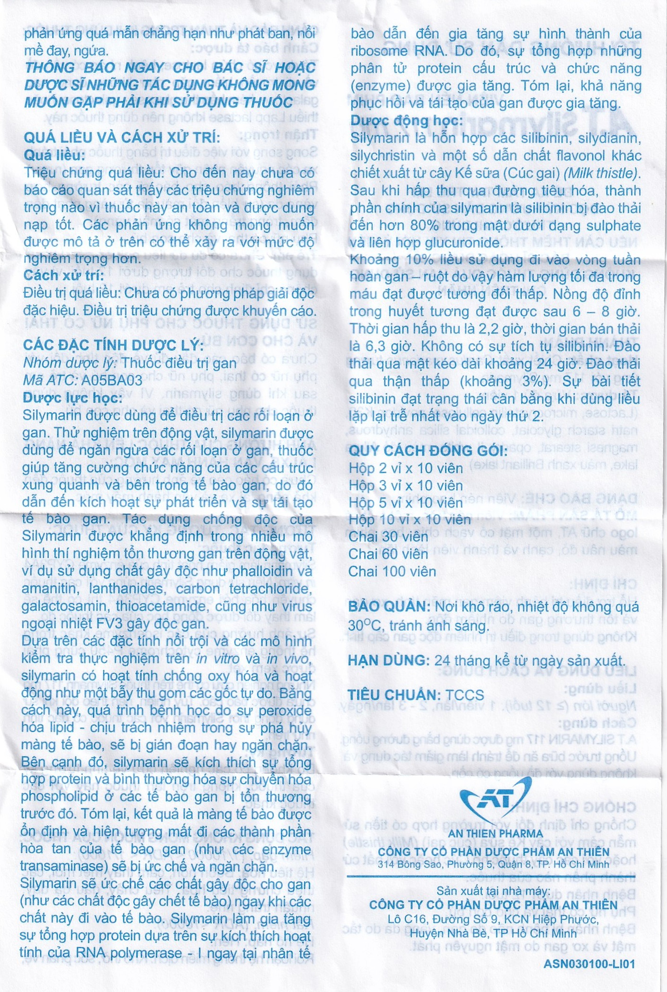 Thuốc A.T Silymarin 117mg An Thiên hỗ trợ điều trị bệnh viêm gan mạn tính, xơ gan (3 vỉ x 10 viên)