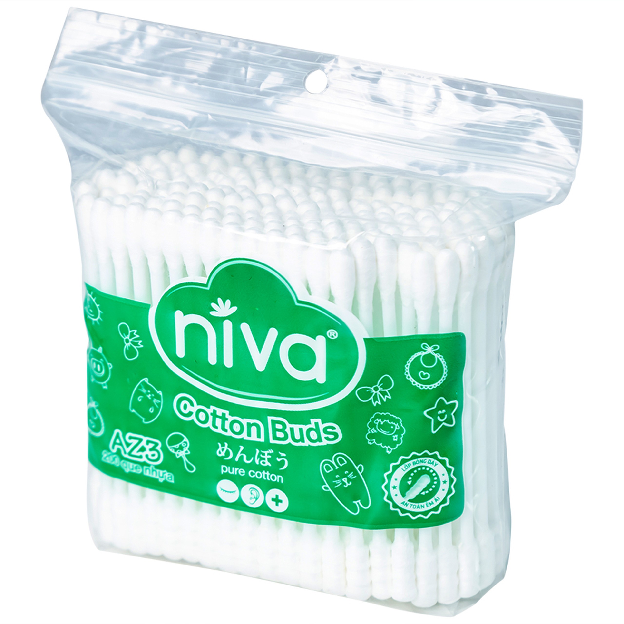 Tăm bông thân nhựa Niva AZ3 túi zip 1 đầu tròn 1 đầu xoắn vệ sinh tai, mũi, vết thương (200 que)