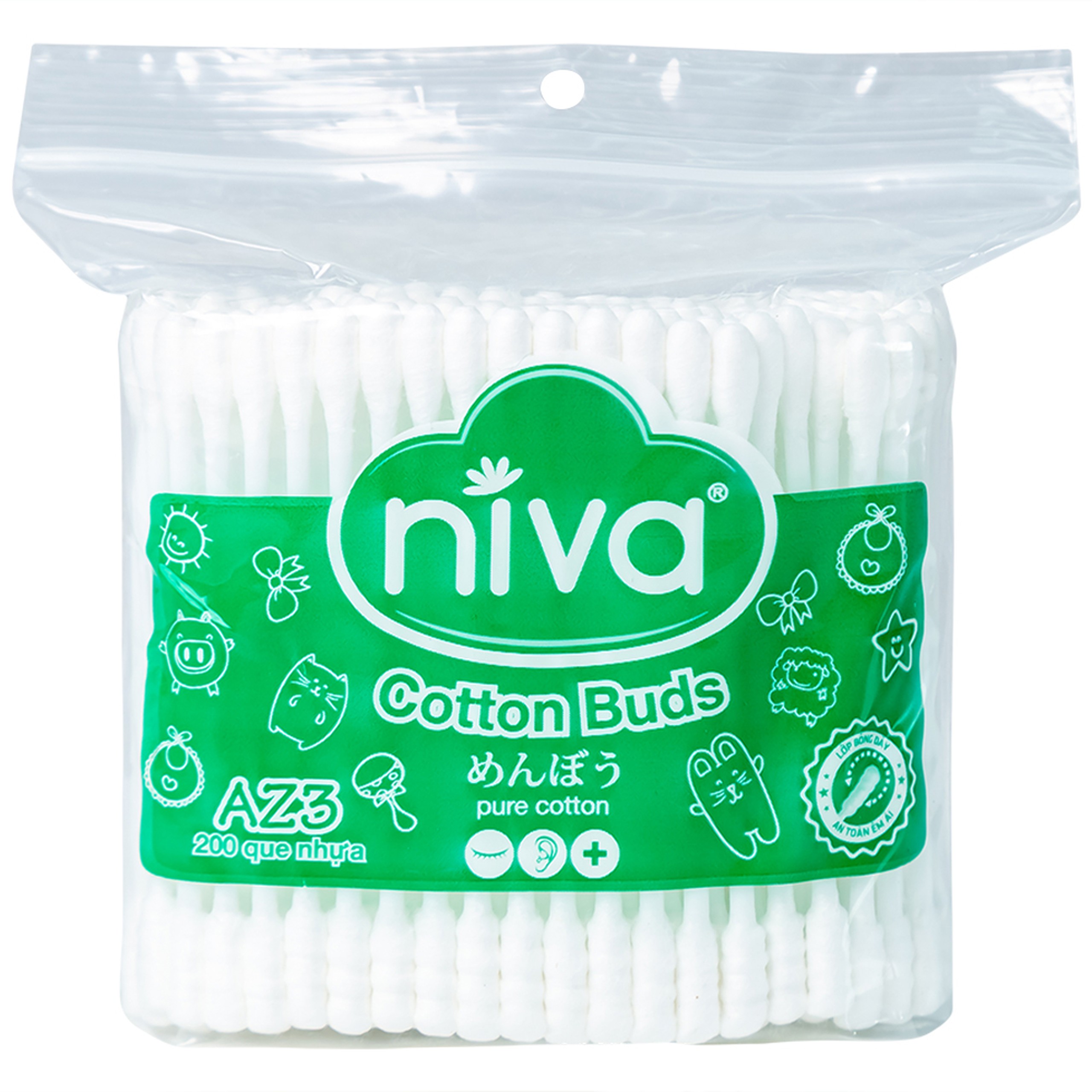 Tăm bông thân nhựa Niva AZ3 túi zip 1 đầu tròn 1 đầu xoắn vệ sinh tai, mũi, vết thương (200 que)