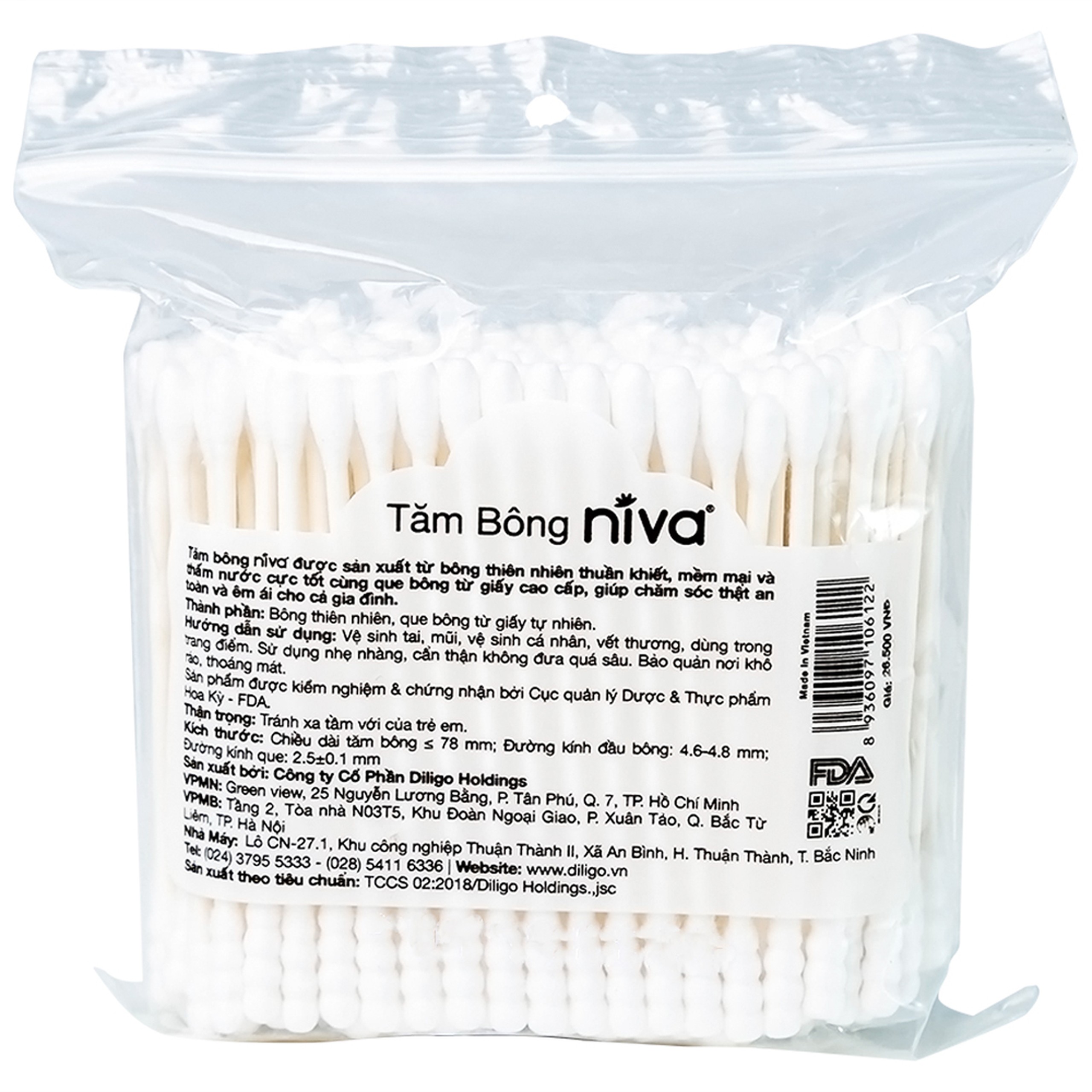 Tăm bông Niva AZP3 Paper Cotton Buds túi Zip 1 đầu tròn 1 đầu xoắn vệ sinh tai, mũi, vết thương (200 que)