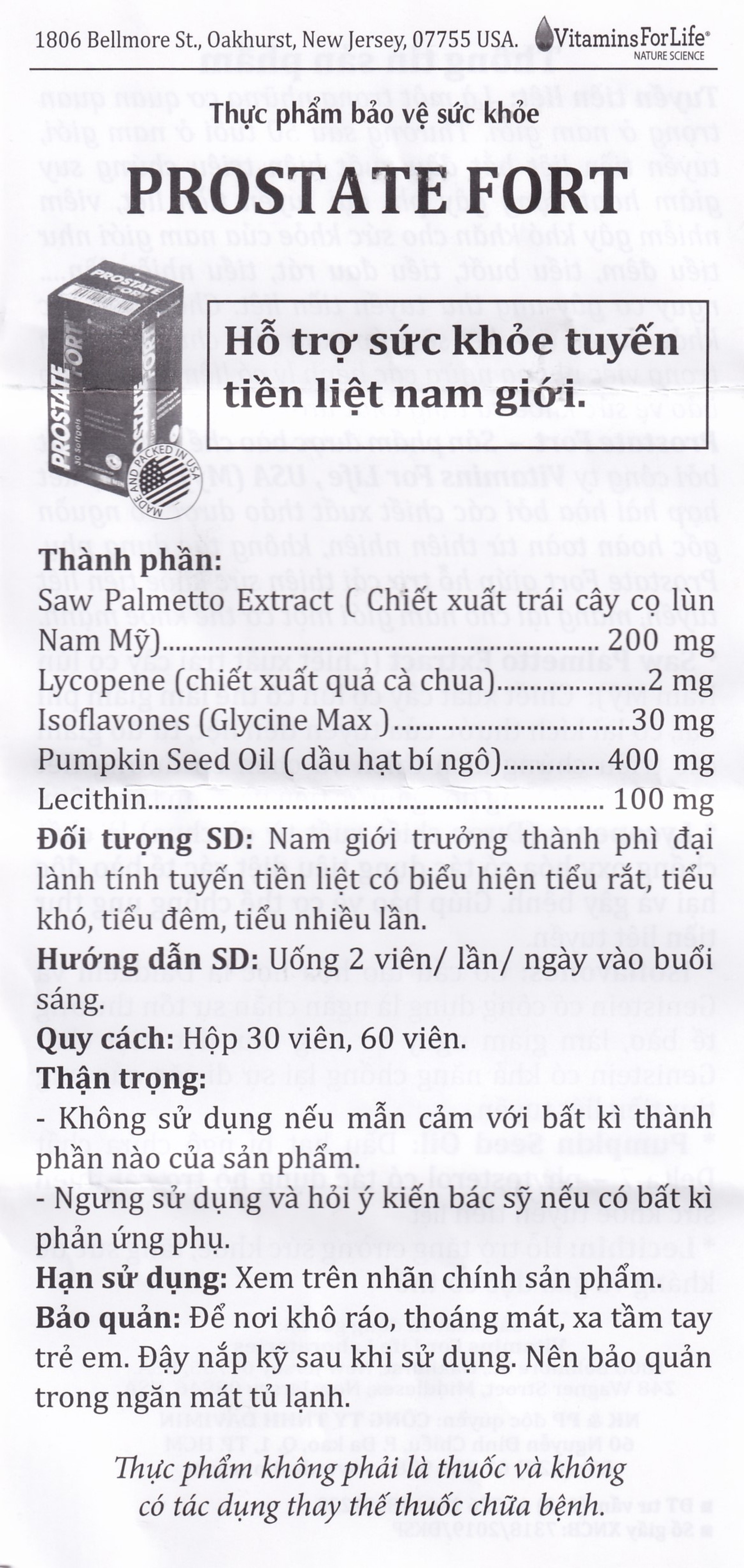 Viên uống hỗ trợ sức khỏe tuyến tiền liệt nam giới Prostate Fort Vitamins For Life (30 viên)