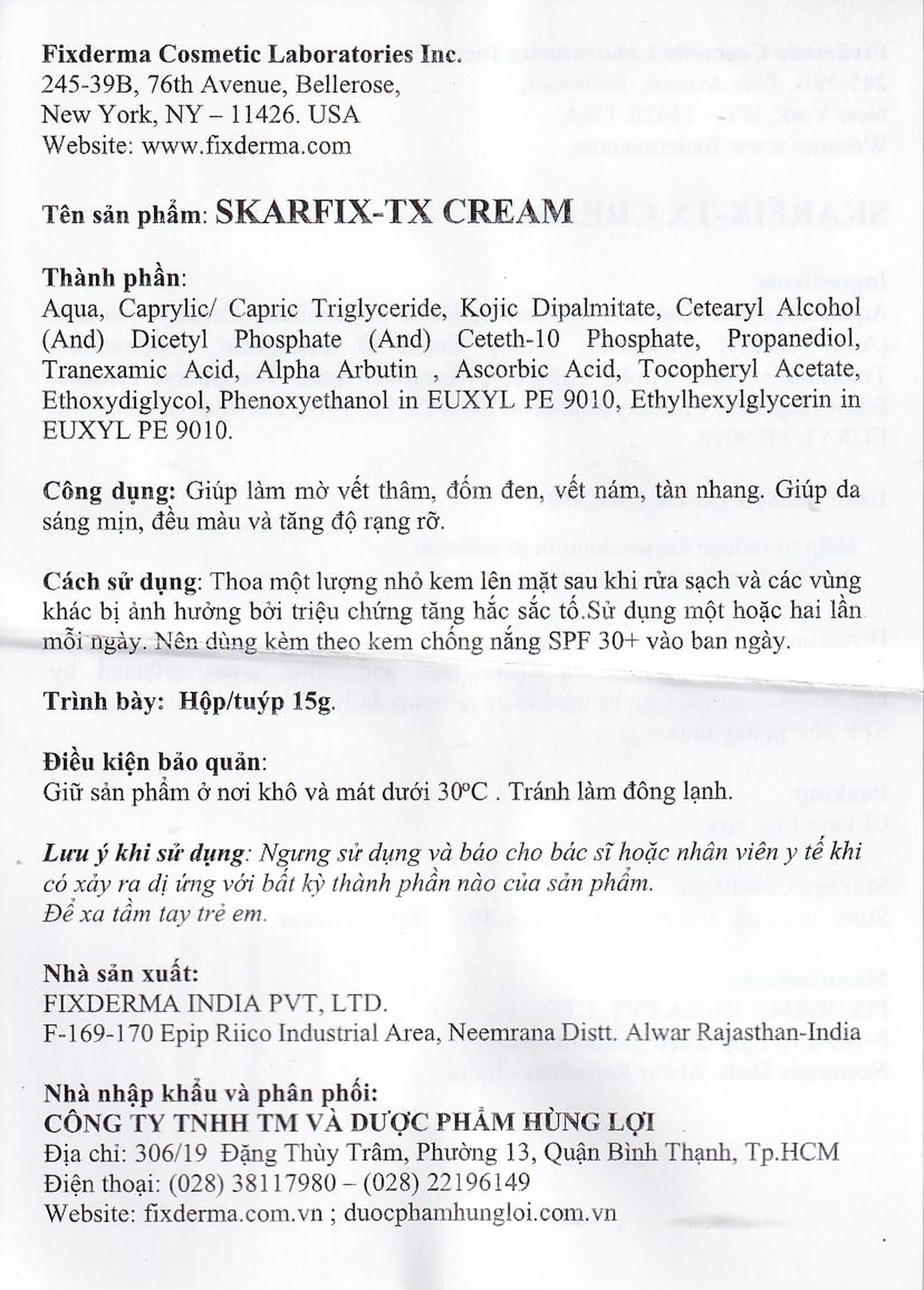 Kem bôi ngừa nám, tàn nhang Fixderma Skarfix TX cream 15g