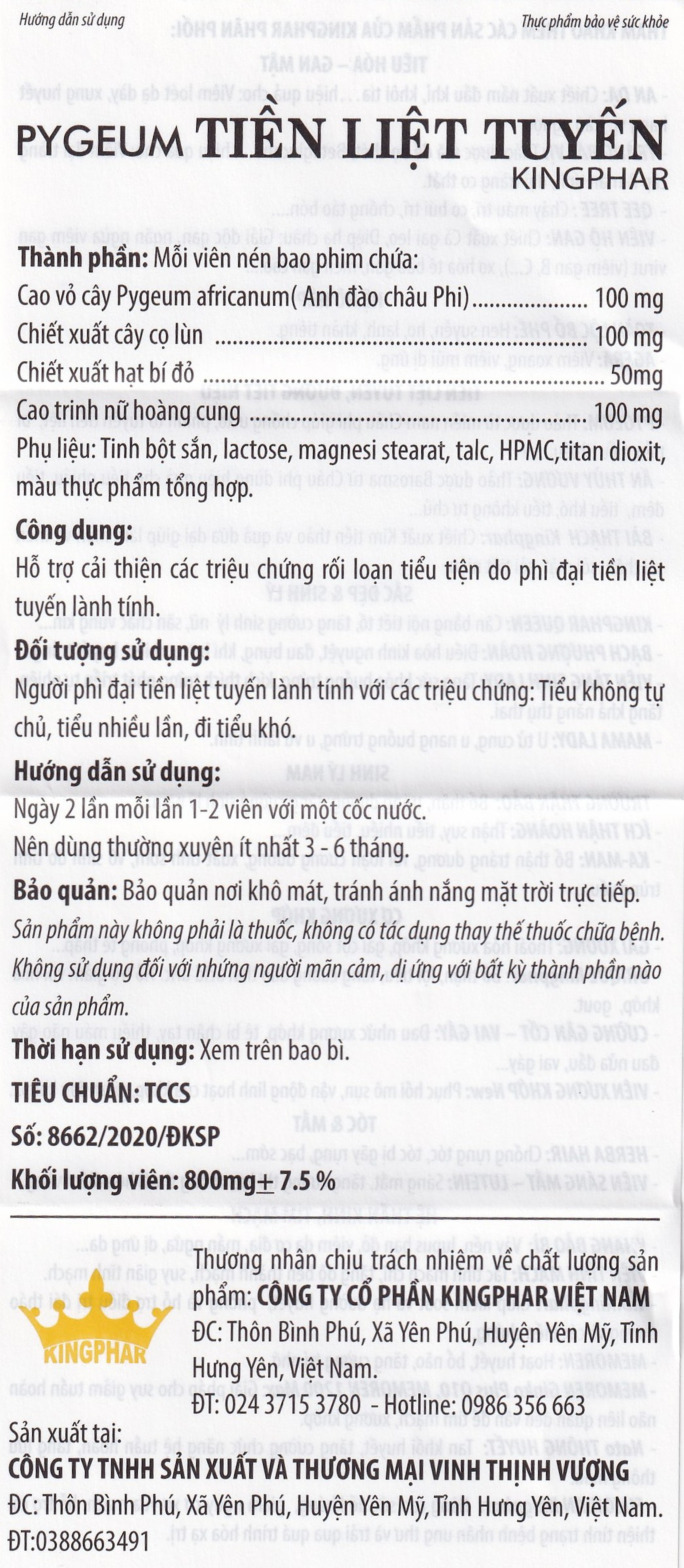 Viên uống hỗ trợ cho người phì đại tiền liệt tuyến Pygeum Tiền Liệt Tuyến Kingphar (4 vỉ x 10 viên)