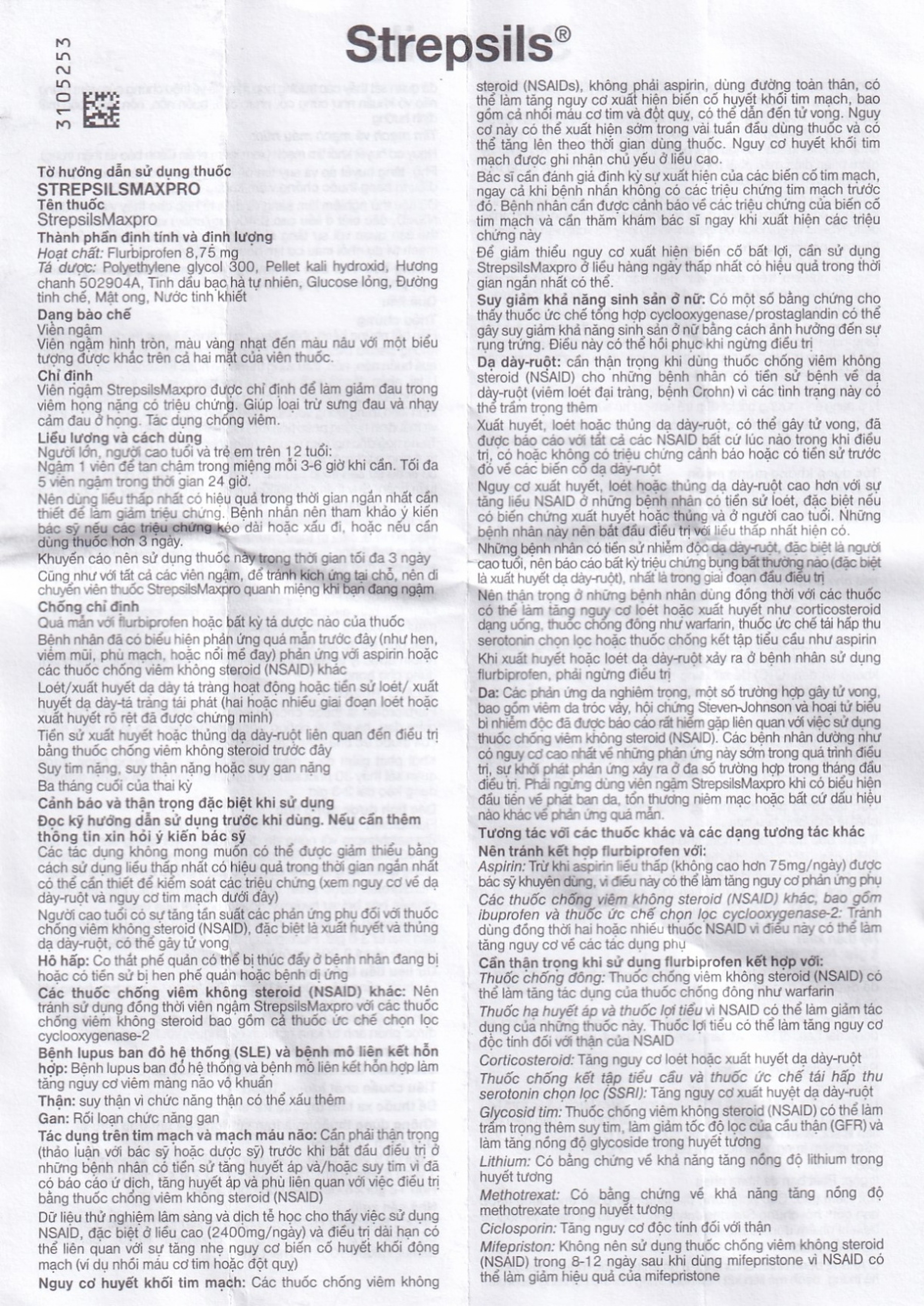 Viên ngậm Strepsils Maxpro Reckitt Benckiser làm giảm đau trong viêm họng (12 gói x 8 viên)