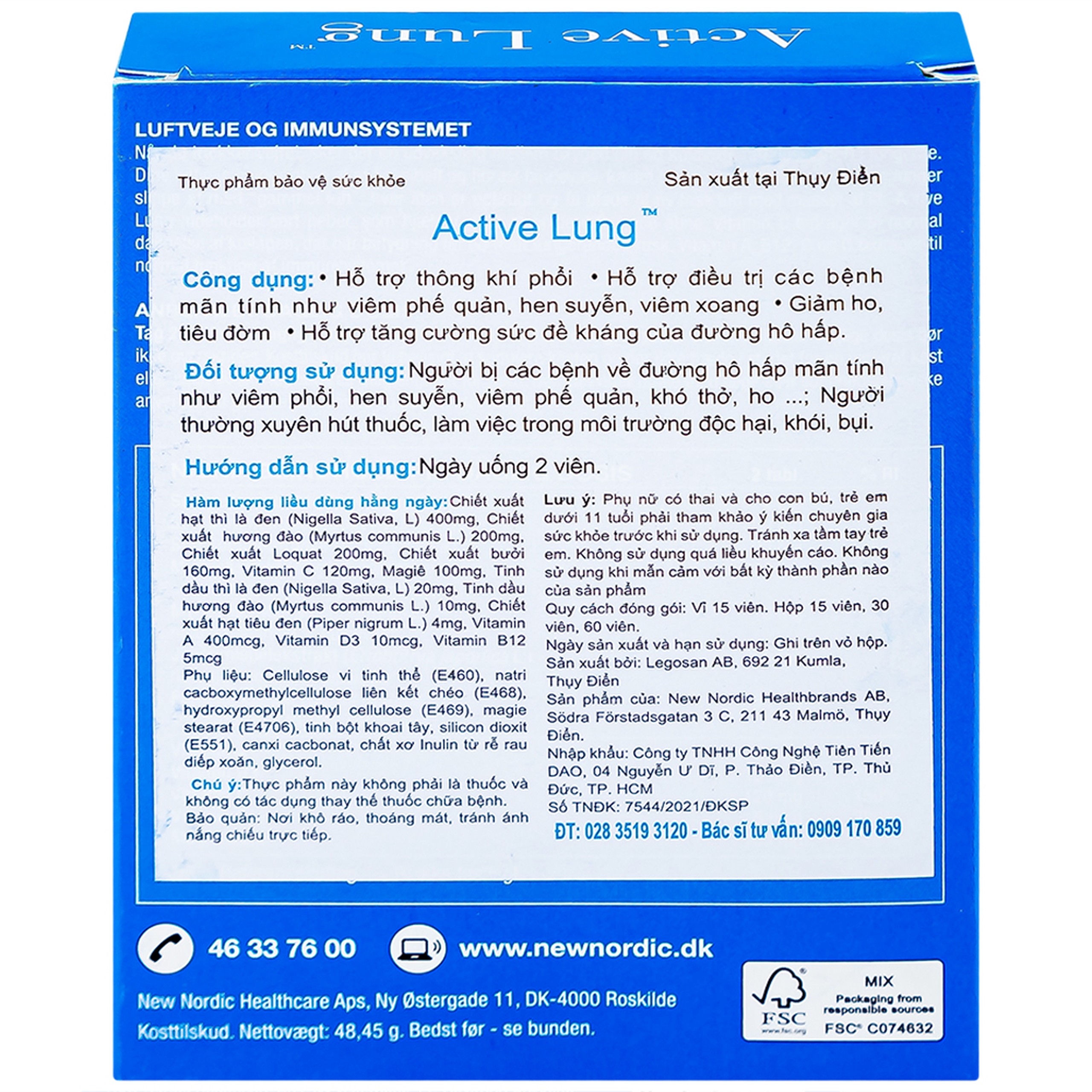 Viên uống Active Lung New Nordic hỗ trợ thông khí phổi, viêm phế quản, hen suyễn (2 vỉ x 15 viên)