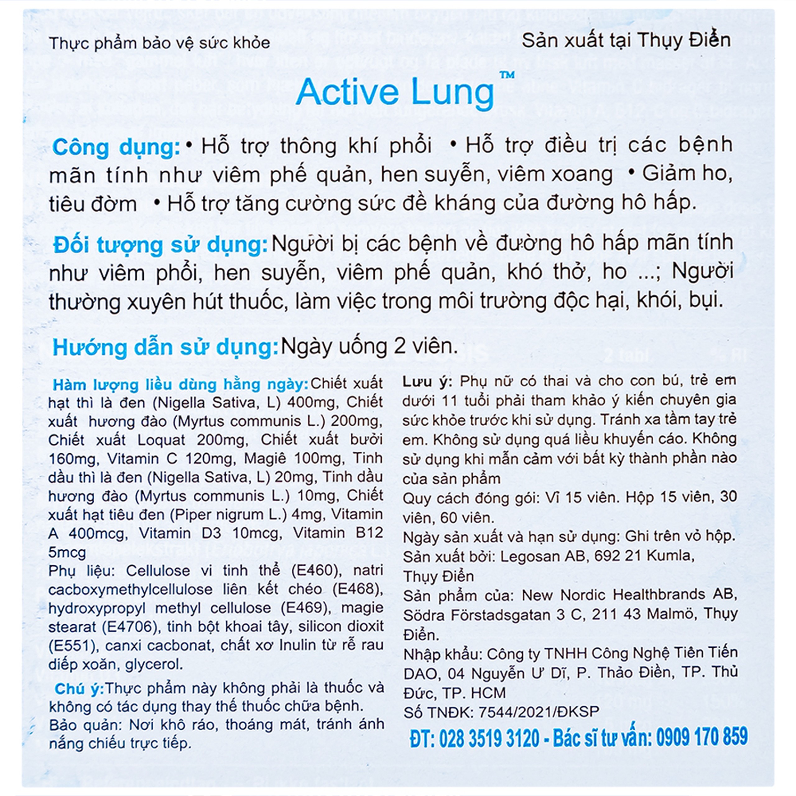 Viên uống Active Lung New Nordic hỗ trợ thông khí phổi, viêm phế quản, hen suyễn (2 vỉ x 15 viên)