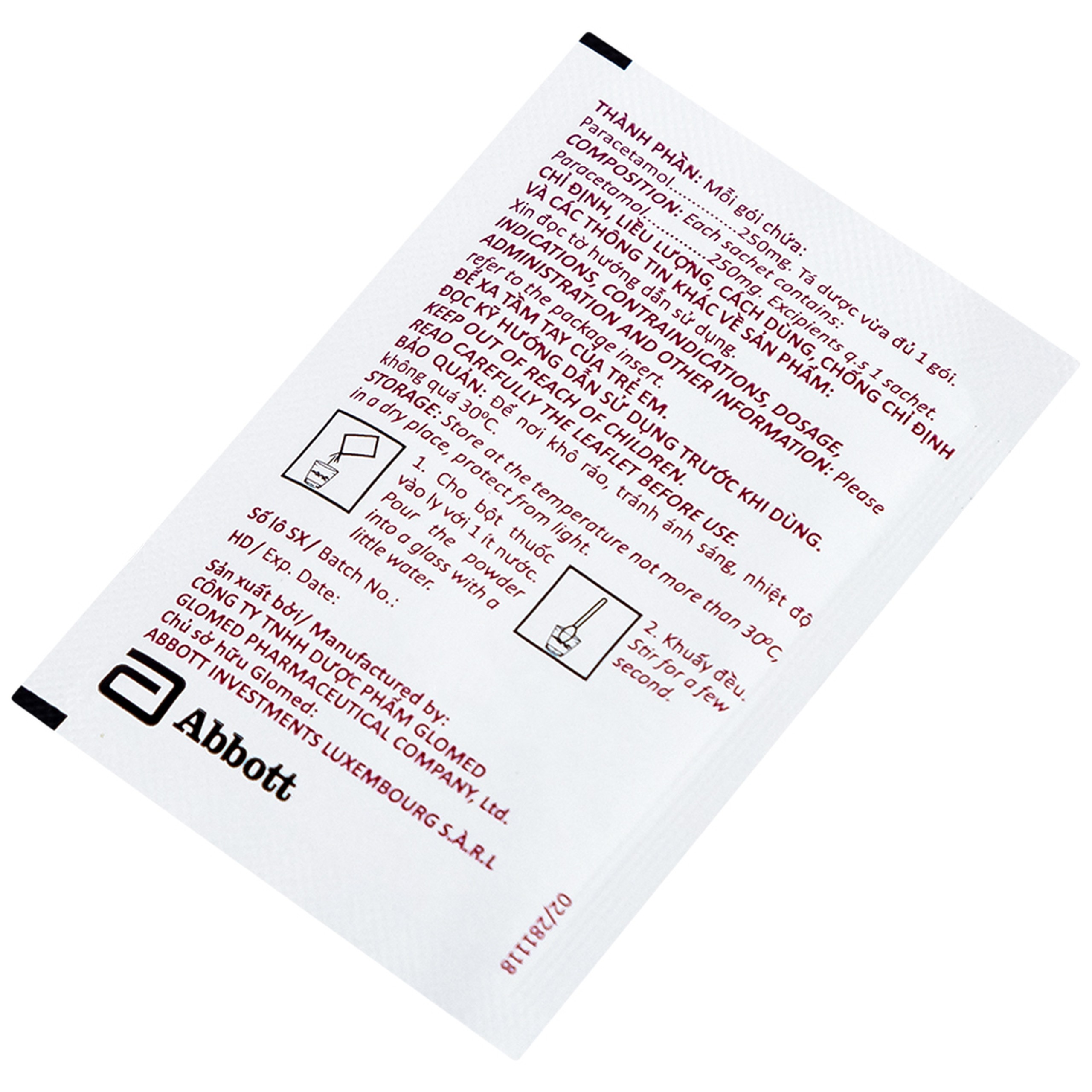 Bột Glotadol 250 Abbott hỗ trợ hạ sốt và giảm đau (20 gói x 2.5g)