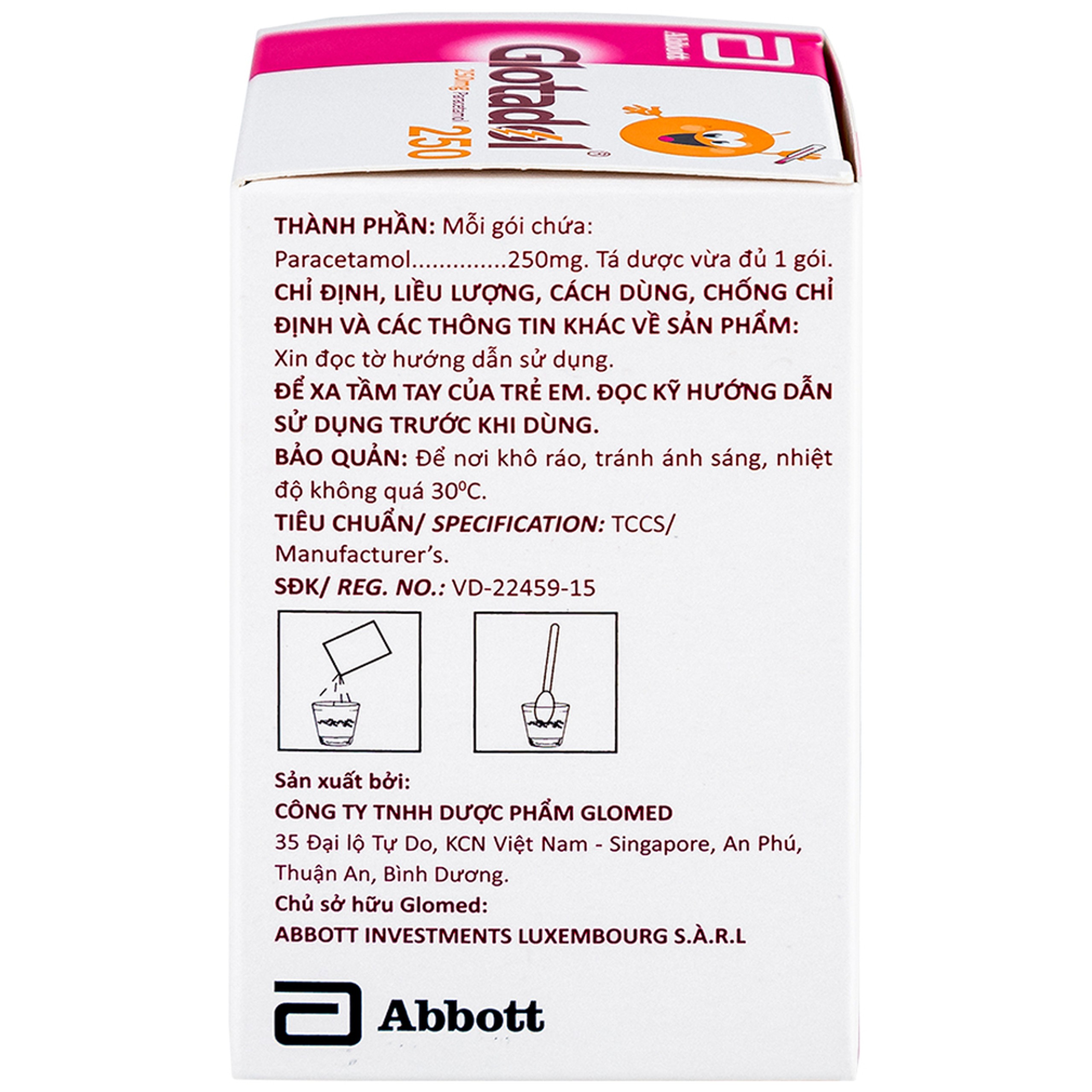 Bột Glotadol 250 Abbott hỗ trợ hạ sốt và giảm đau (20 gói x 2.5g)
