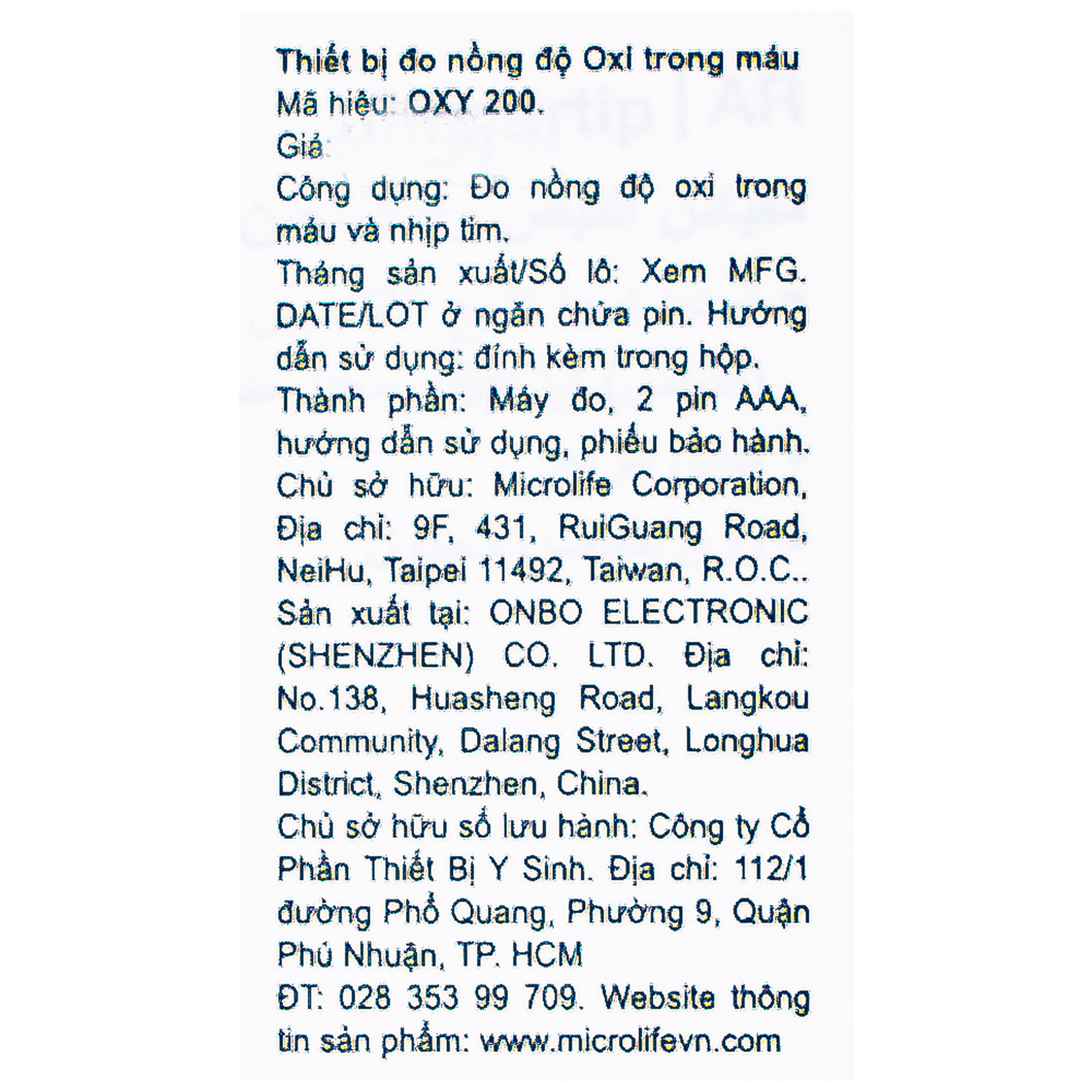 Máy đo nồng độ oxy trong máu SPO2 Microlife Oxy 200