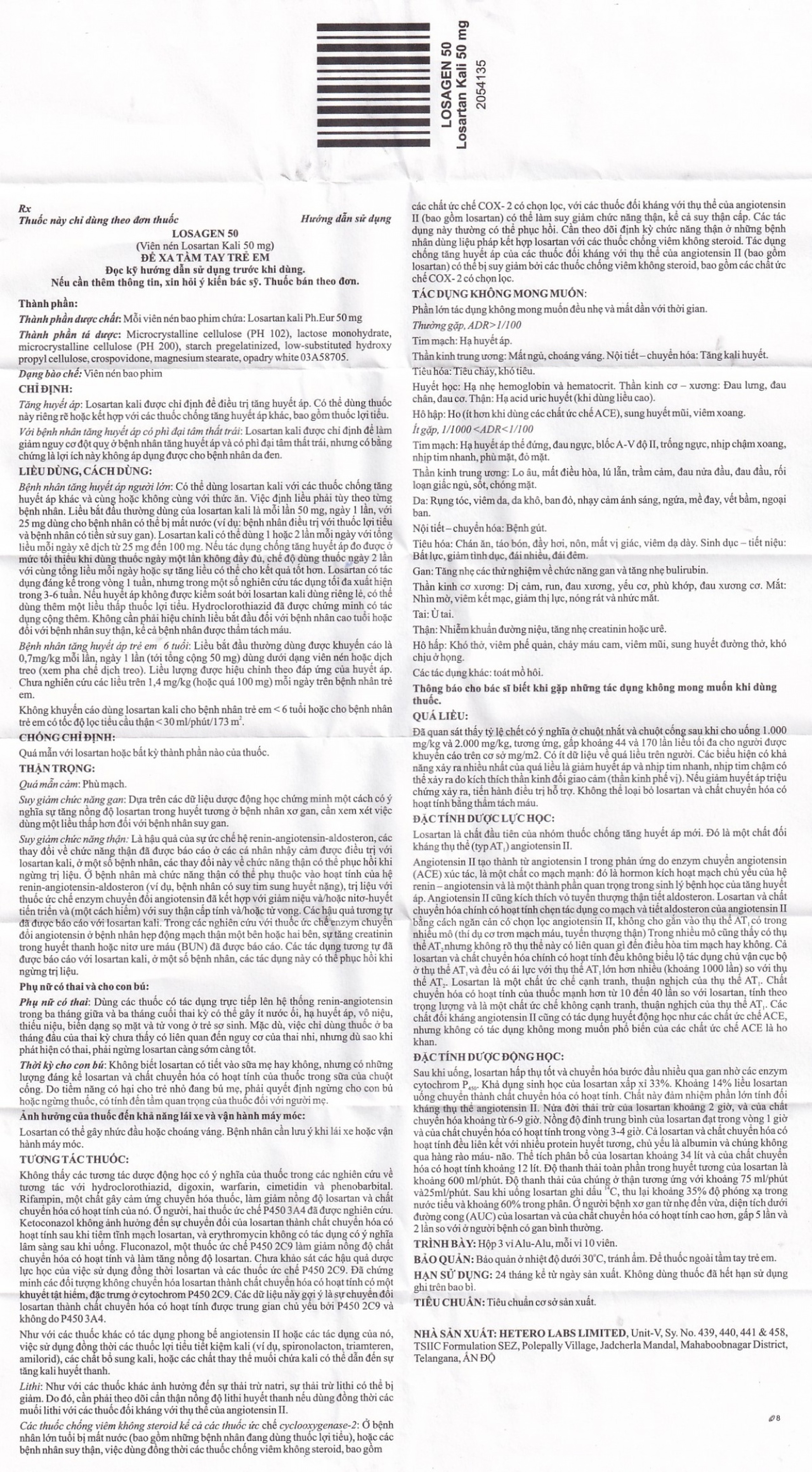 Viên nén Losagen 50 Hetero điều trị tăng huyết áp (3 vỉ x 10 viên)