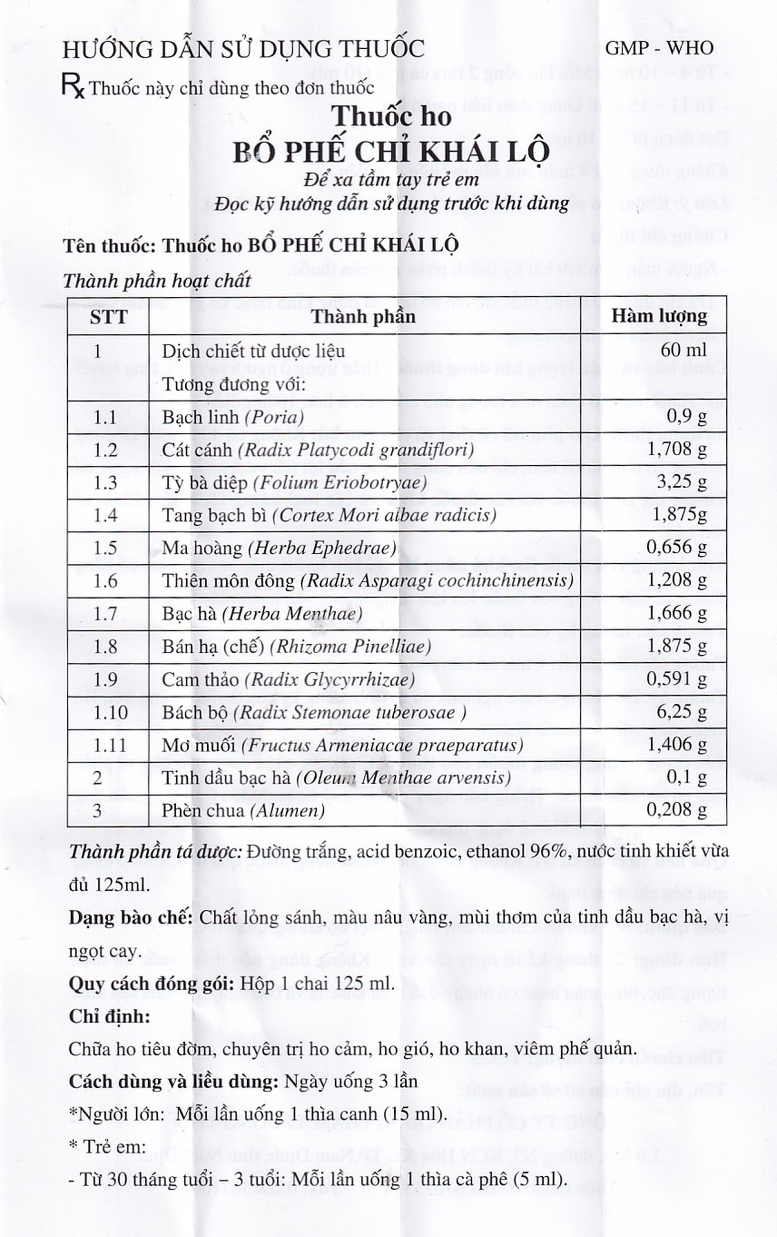 Thuốc ho Bổ Phế Chỉ Khái Lộ chữa ho tiêu đờm, chuyên trị ho cảm, ho gió, ho khan (125ml)