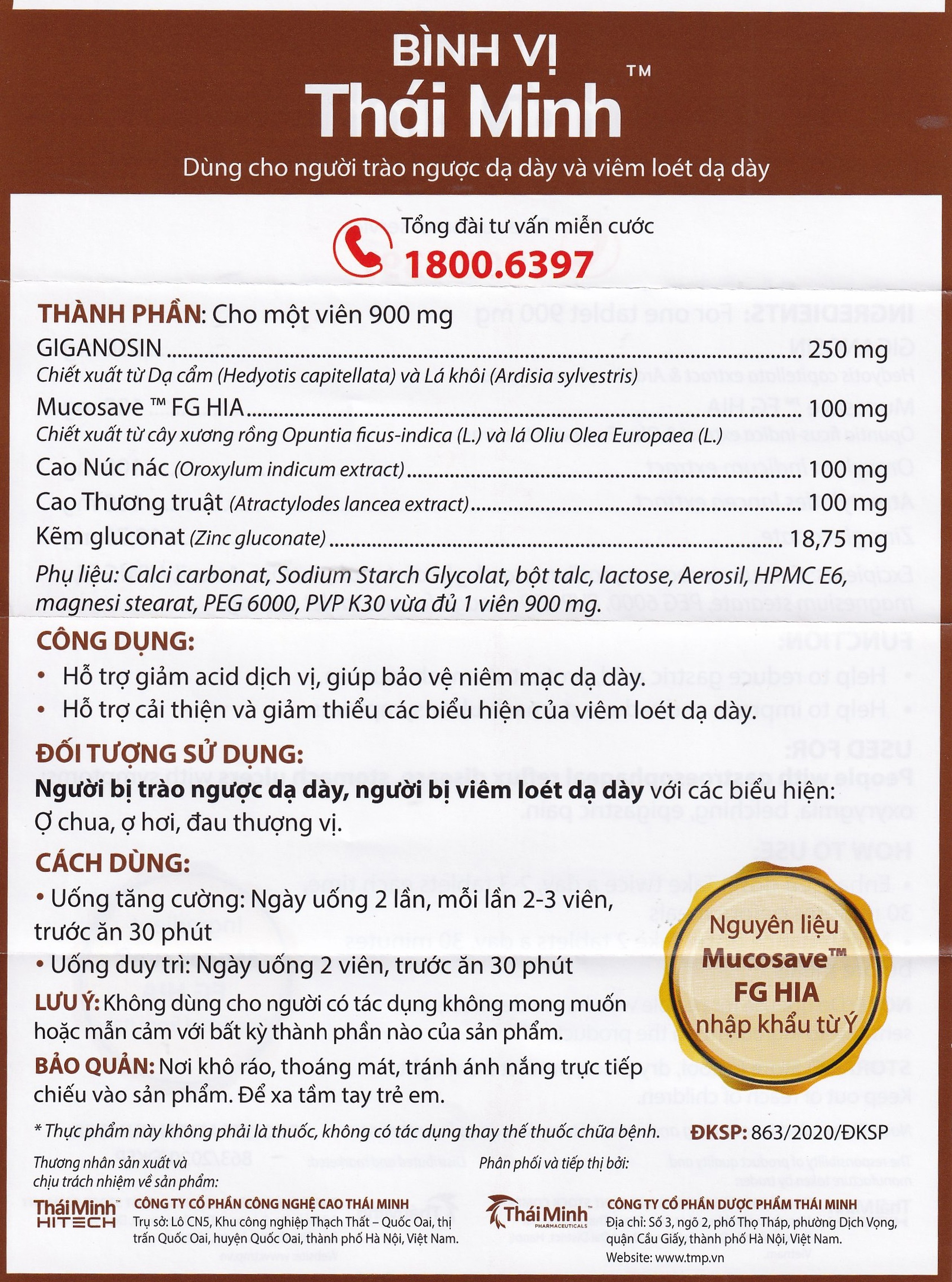 Viên uống Bình Vị Thái Minh hỗ trợ giảm acid dịch vị, giúp bảo vệ niêm mạc dạ dày (2 vỉ x 10 viên)