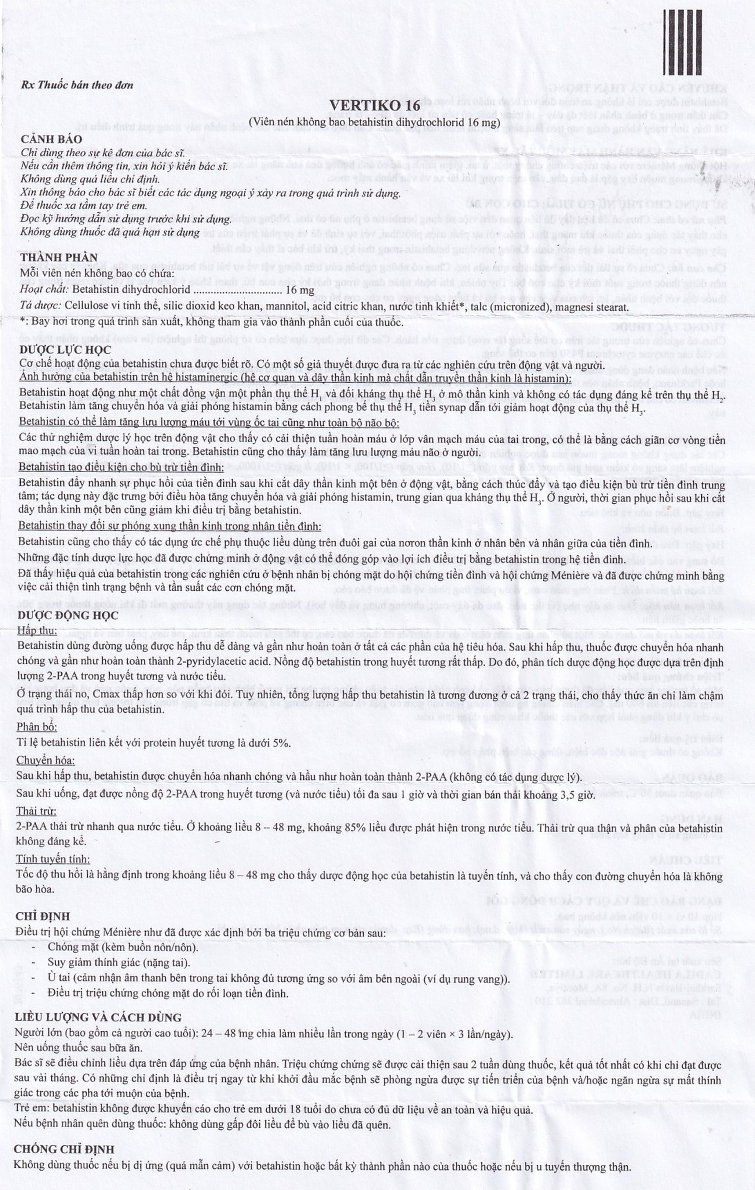 Thuốc Vertiko 16 Cadila điều trị chóng mặt, suy giảm thính giác (10 vỉ x 10 viên)