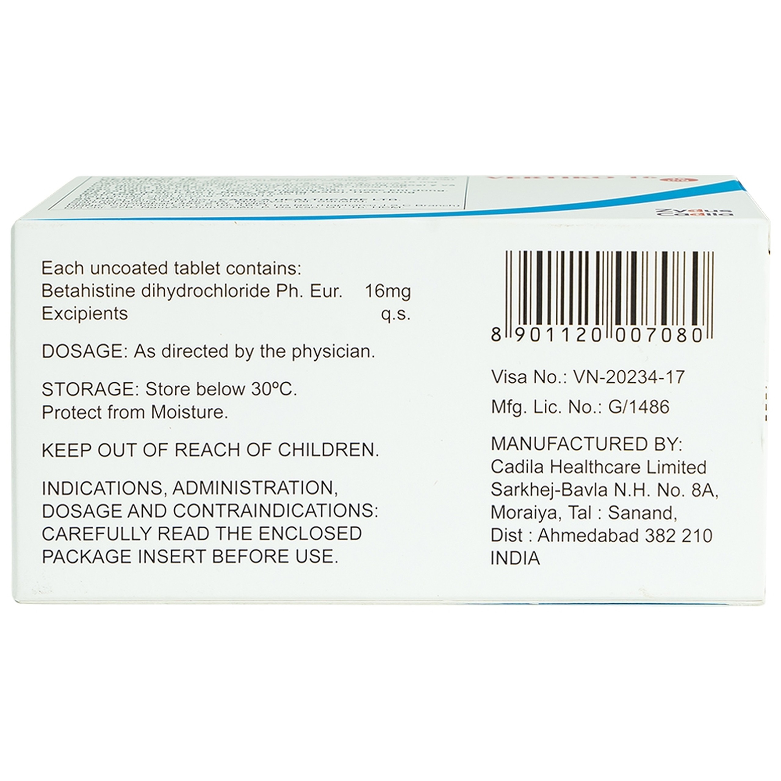 Thuốc Vertiko 16 Cadila điều trị chóng mặt, suy giảm thính giác (10 vỉ x 10 viên)