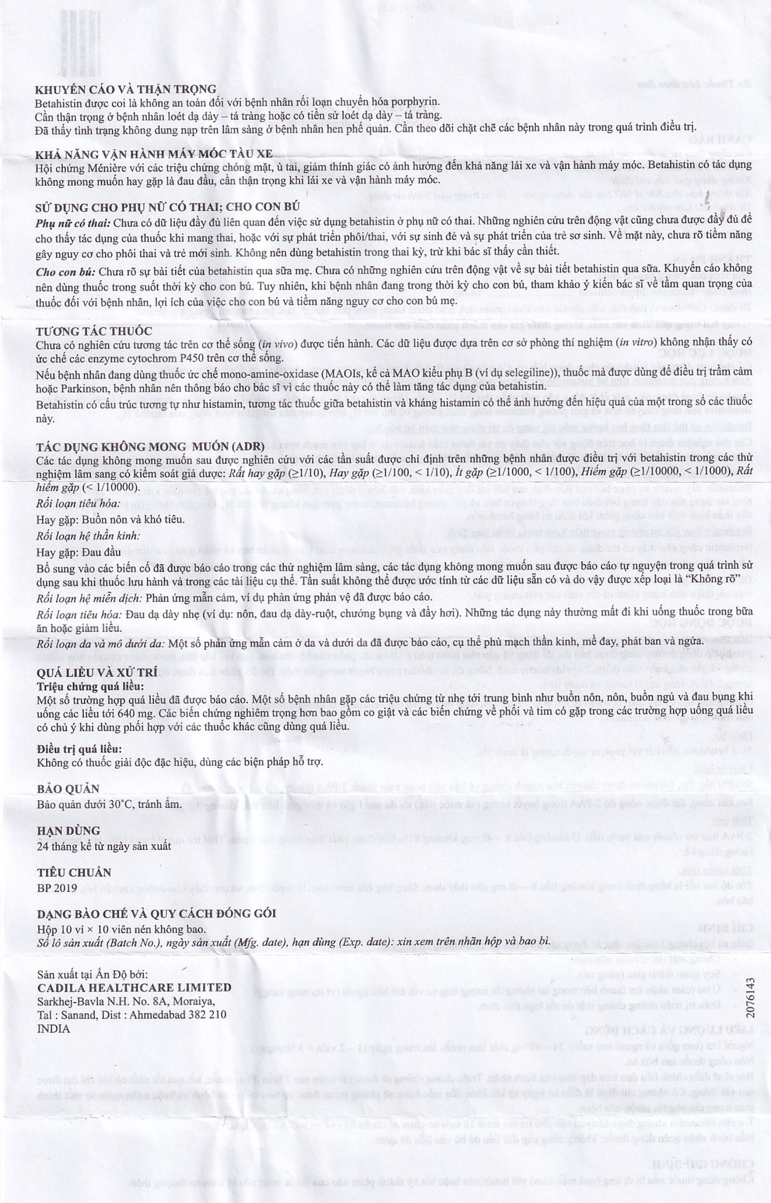 Thuốc Vertiko 16 Cadila điều trị chóng mặt, suy giảm thính giác (10 vỉ x 10 viên)