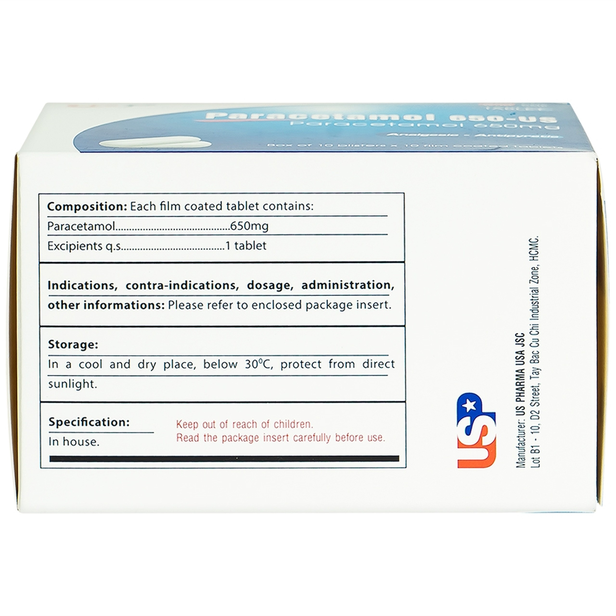 Thuốc Paracetamol 650mg US Pharma giảm đau, hạ sốt, giảm chứng nhức đầu, đau răng (10 vỉ x 10 viên)
