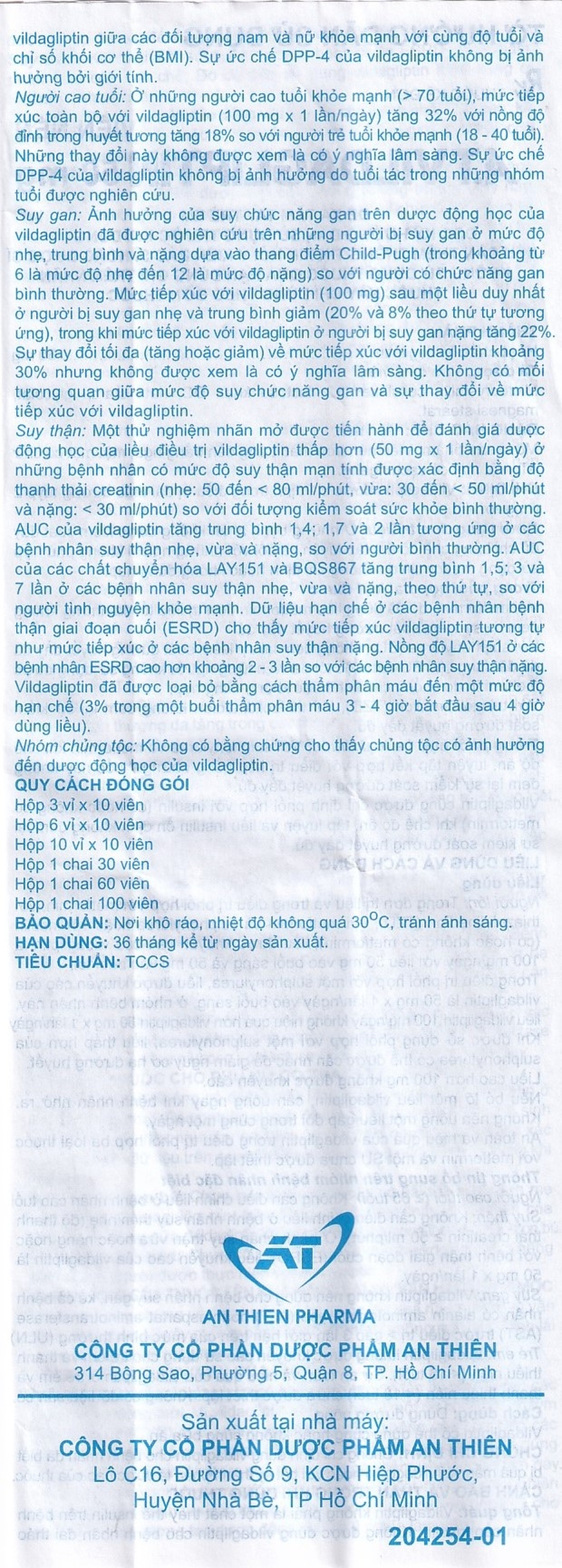 Thuốc A.T Vildagliptin 50mg An Thiên điều trị đái tháo đường típ 2 (3 vỉ x 10 viên)