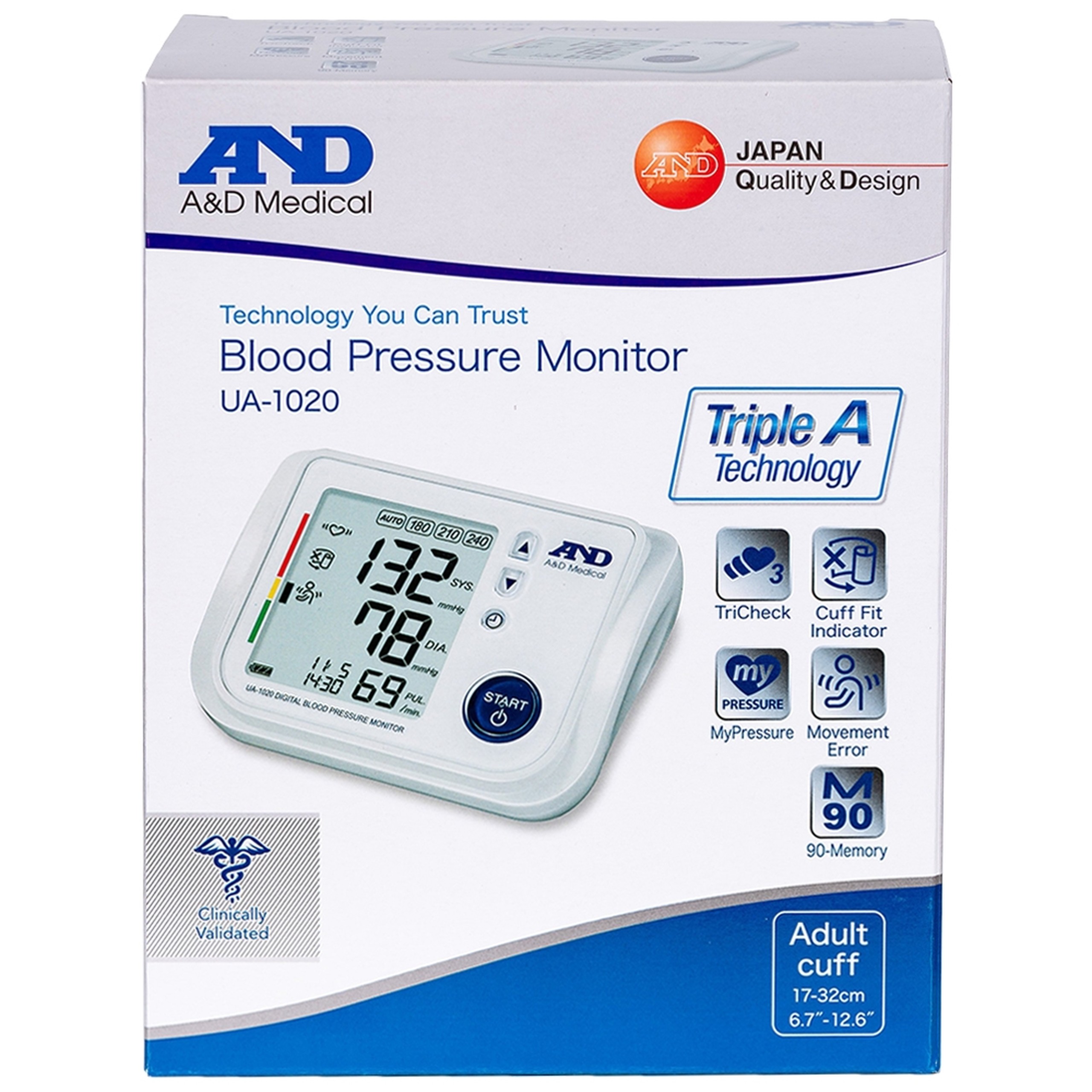 Máy đo huyết áp bắp tay AND UA-1020 hỗ trợ đo huyết áp, nhịp tim