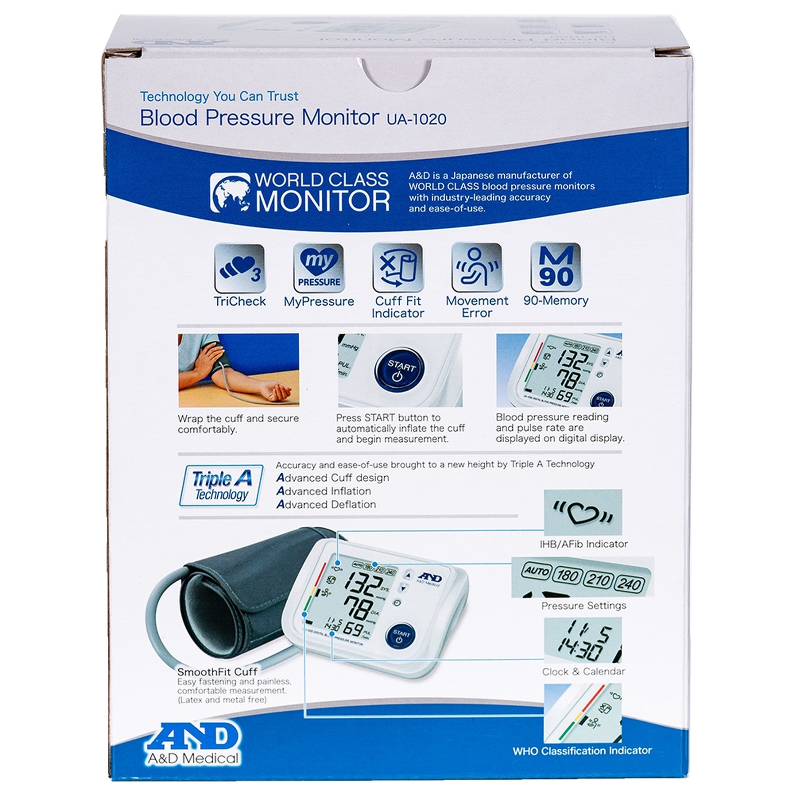 Máy đo huyết áp bắp tay AND UA-1020 hỗ trợ đo huyết áp, nhịp tim