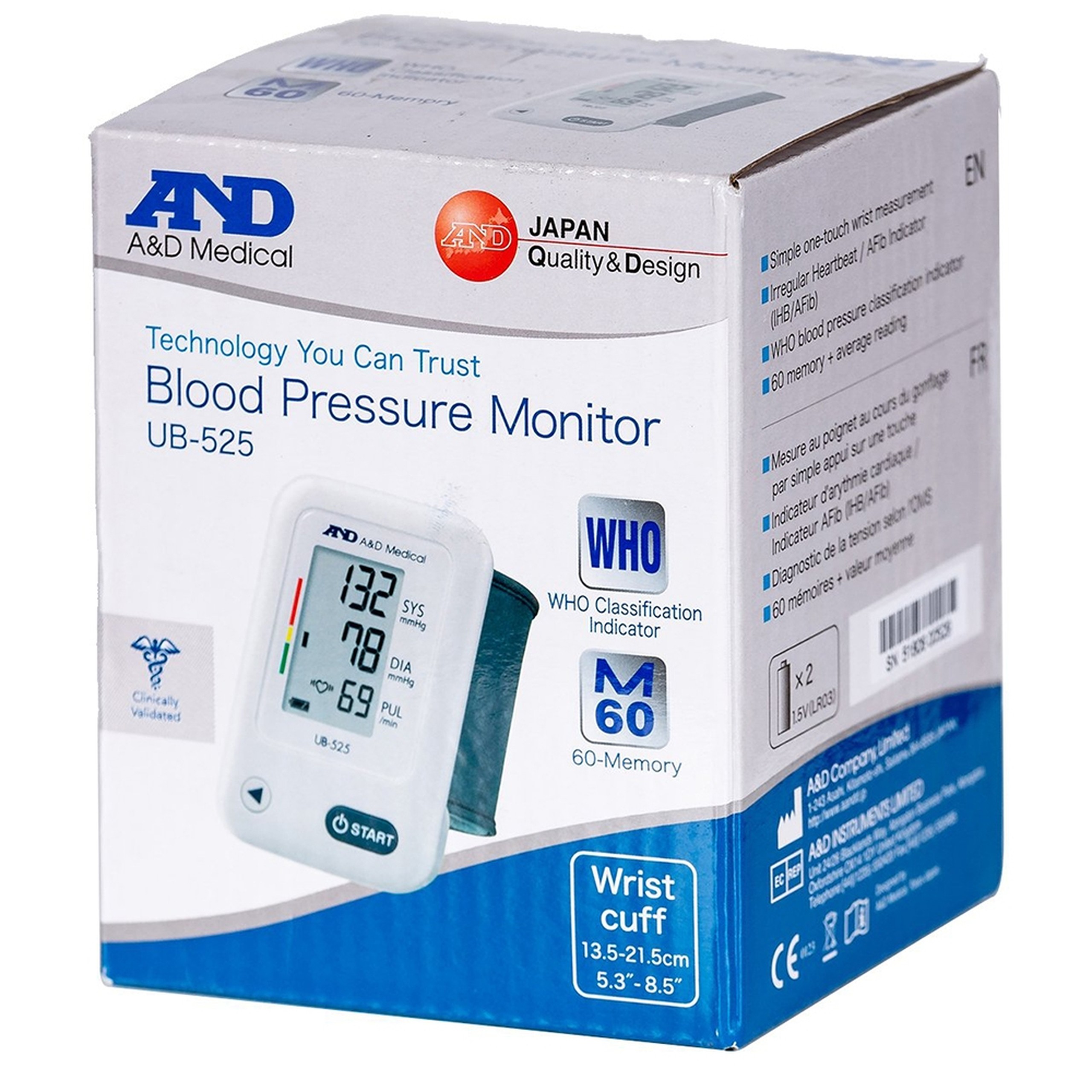 Máy đo huyết áp cổ tay AND UB-525 hỗ trợ đo huyết áp, nhịp tim