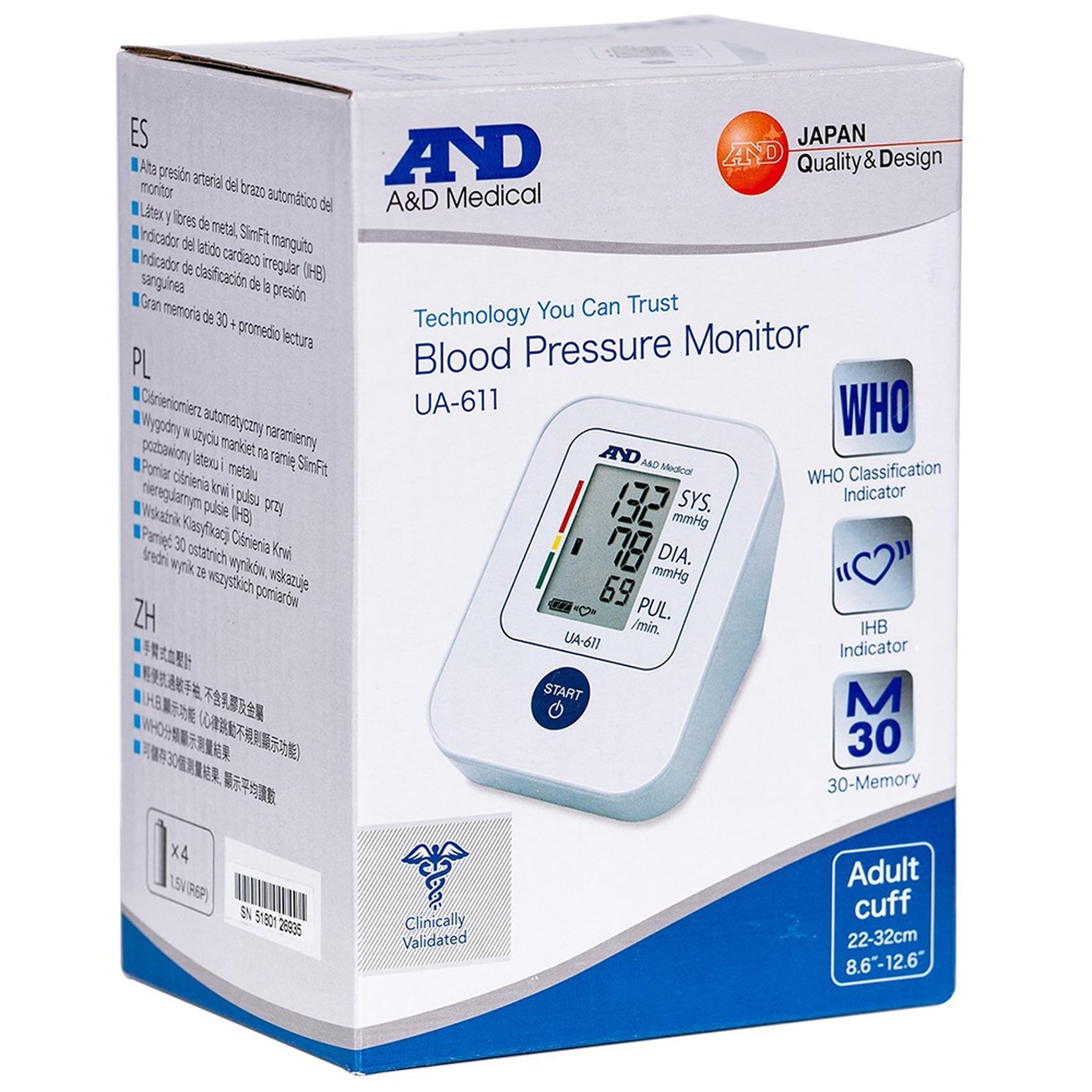 Máy đo huyết áp bắp tay AND UA-611 hỗ trợ đo huyết áp, nhịp tim