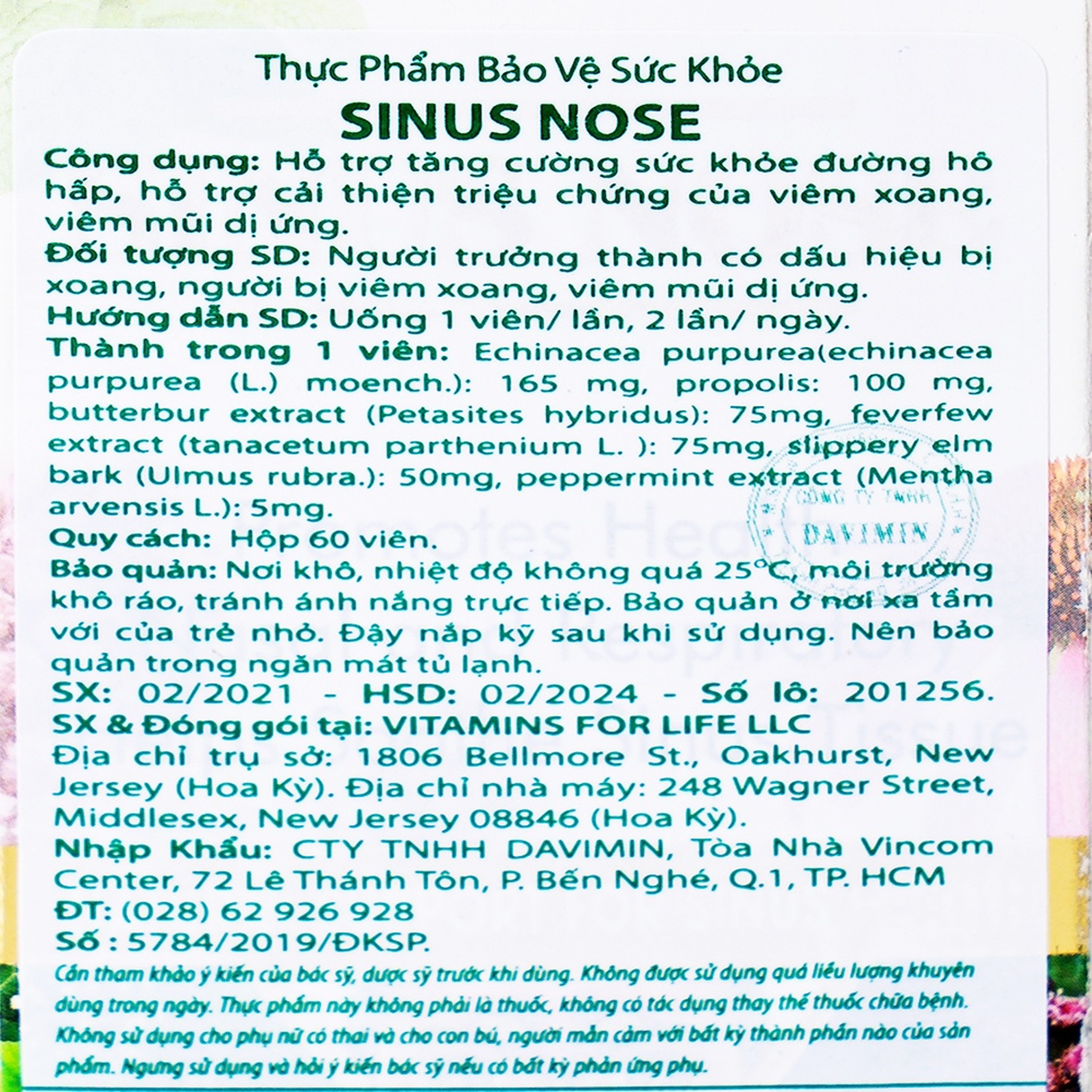 Viên uống Sinus Nose Vitamins For Life hỗ trợ tăng cường sức khỏe đường hô hấp (60 viên)
