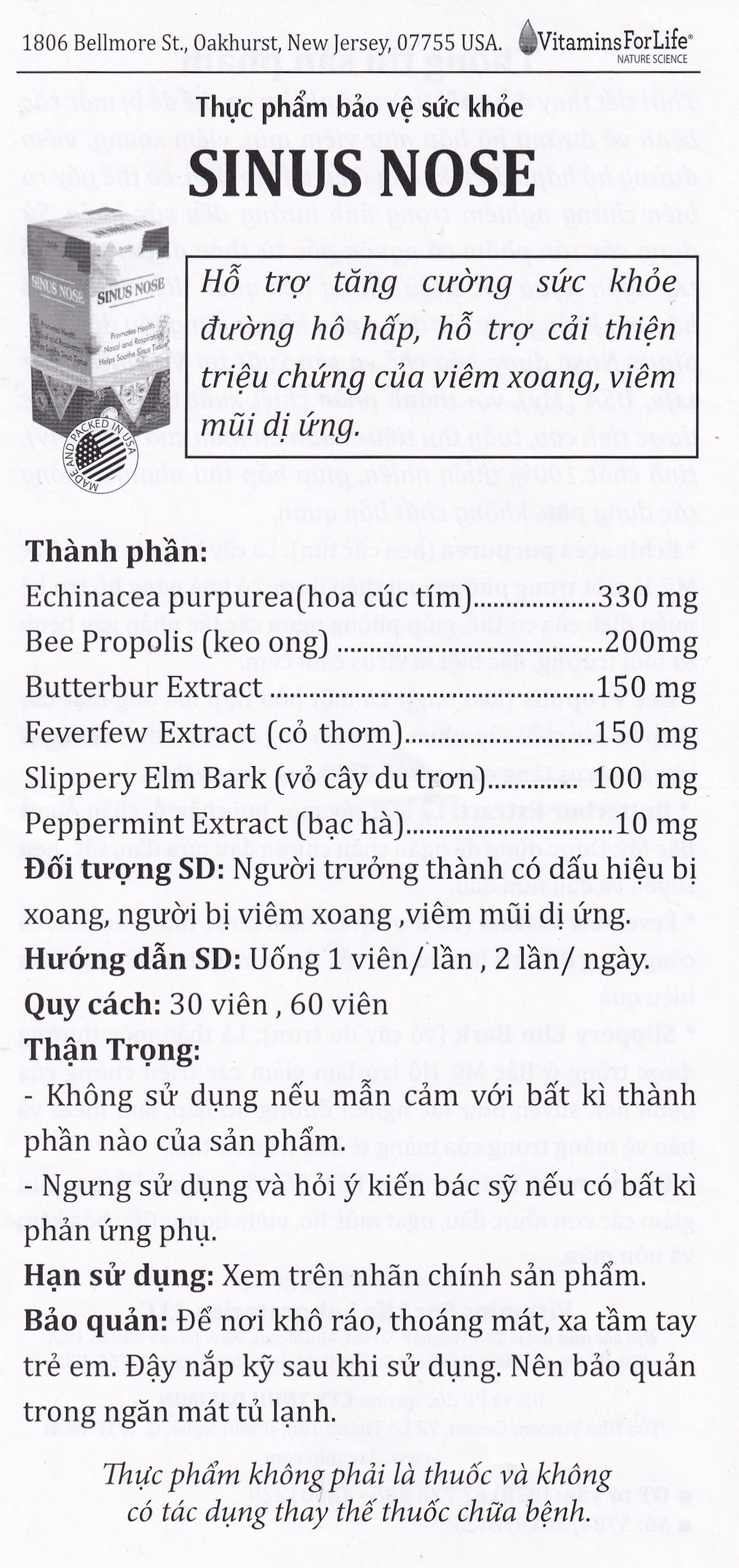 Viên uống Sinus Nose Vitamins For Life hỗ trợ tăng cường sức khỏe đường hô hấp (60 viên)