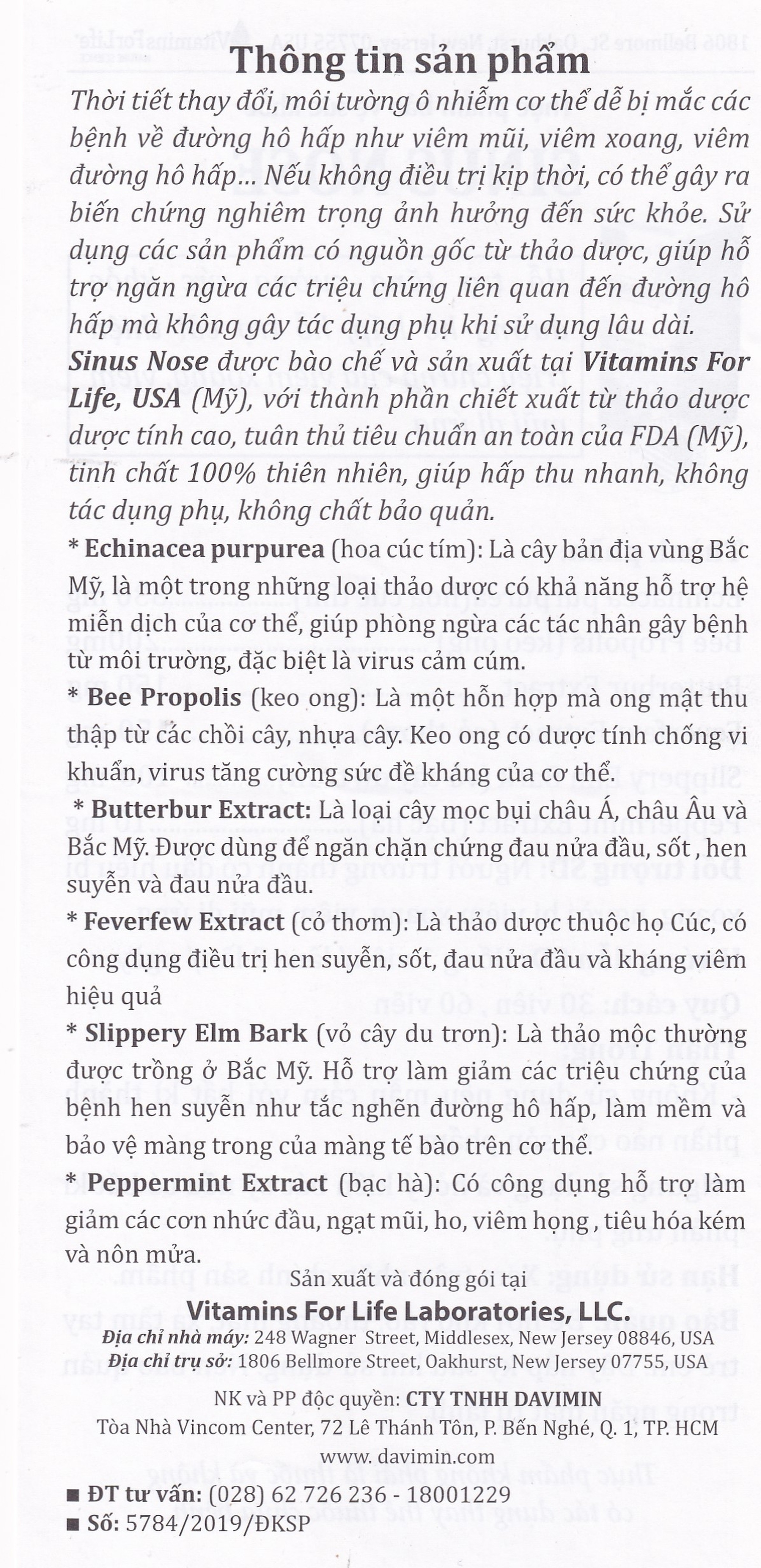 Viên uống Sinus Nose Vitamins For Life hỗ trợ tăng cường sức khỏe đường hô hấp (60 viên)