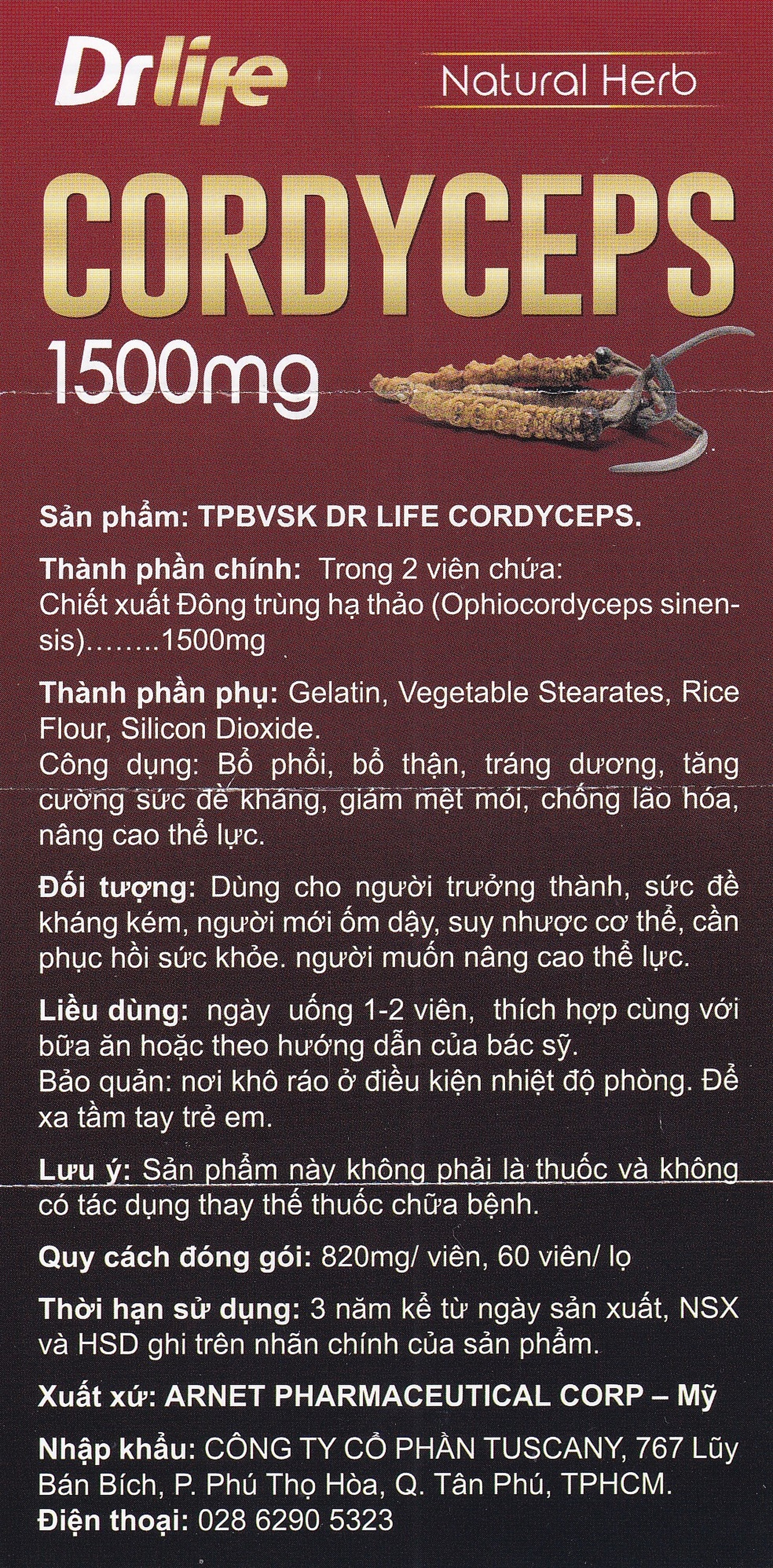 Viên uống Đông Trùng Hạ Thảo tăng cường sức đề kháng, giảm mệt mỏi DrLife Cordyceps 1500mg (60 viên)