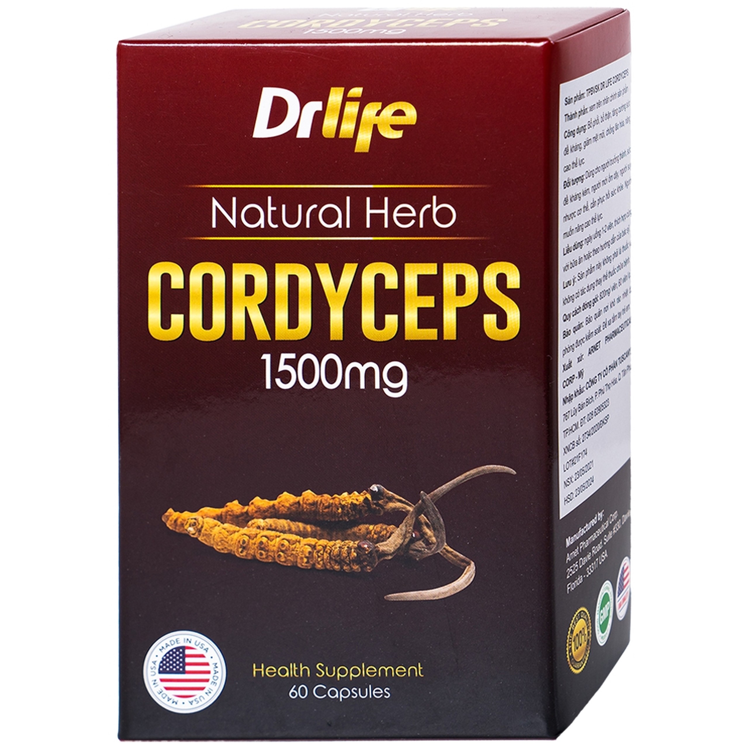 Viên uống Đông Trùng Hạ Thảo tăng cường sức đề kháng, giảm mệt mỏi DrLife Cordyceps 1500mg (60 viên)
