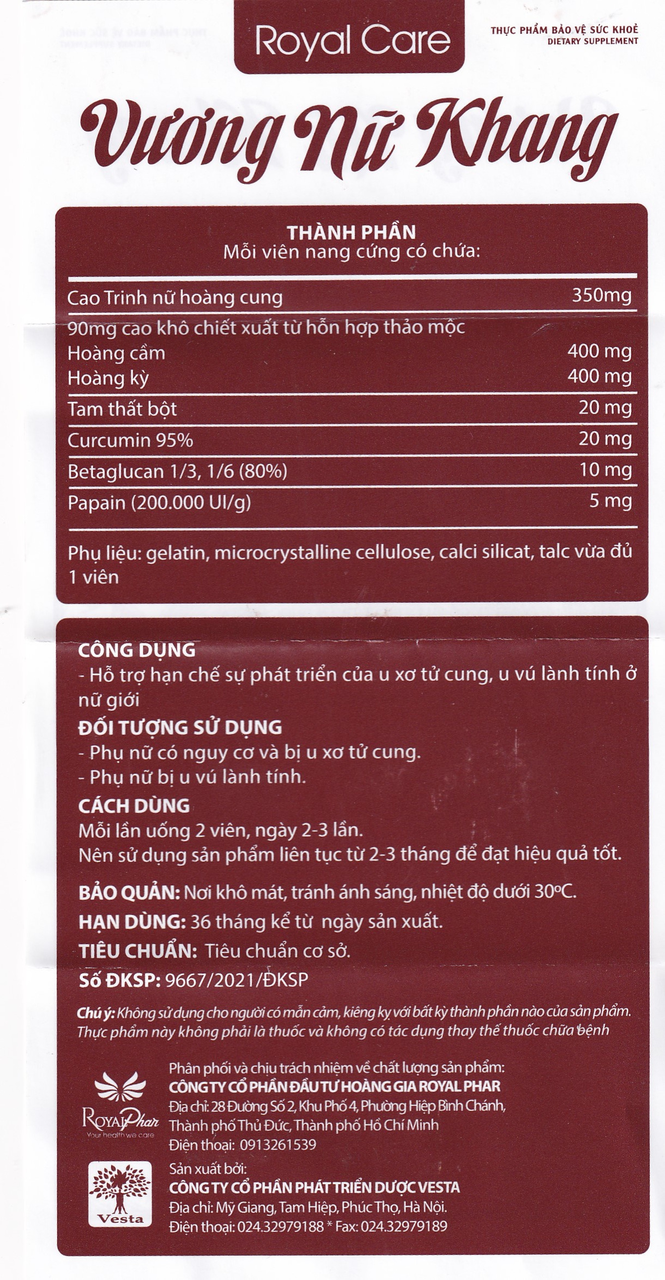 Viên uống hỗ trợ hạn chế sự phát triển u xơ tử cung, u vú lành tính ở nữ giới Vương Nữ Khang Royal Care (60 viên)