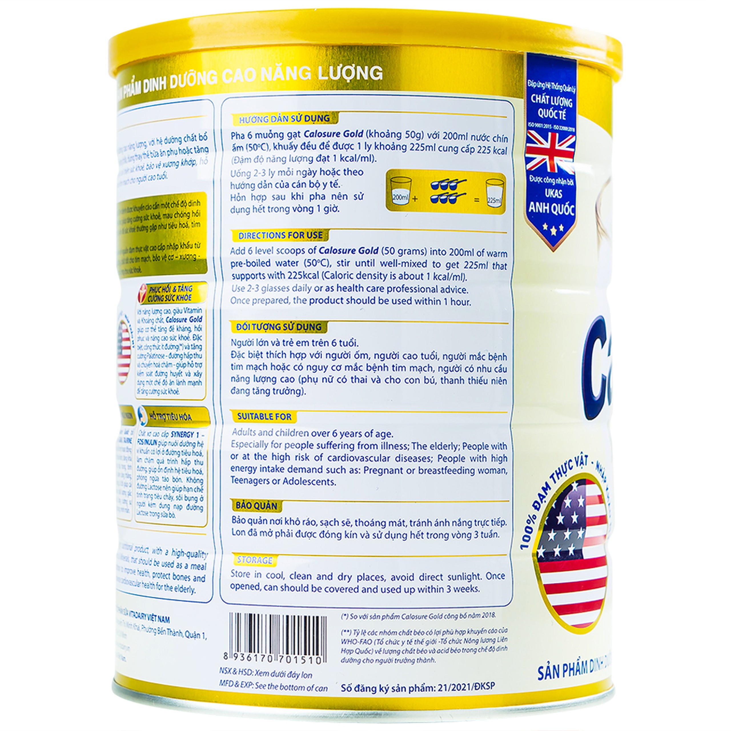 Sữa bột CaloSure gold Vitadairy ít đường, tăng cường sức khỏe tim mạch, hồi phục sức khỏe (900g)