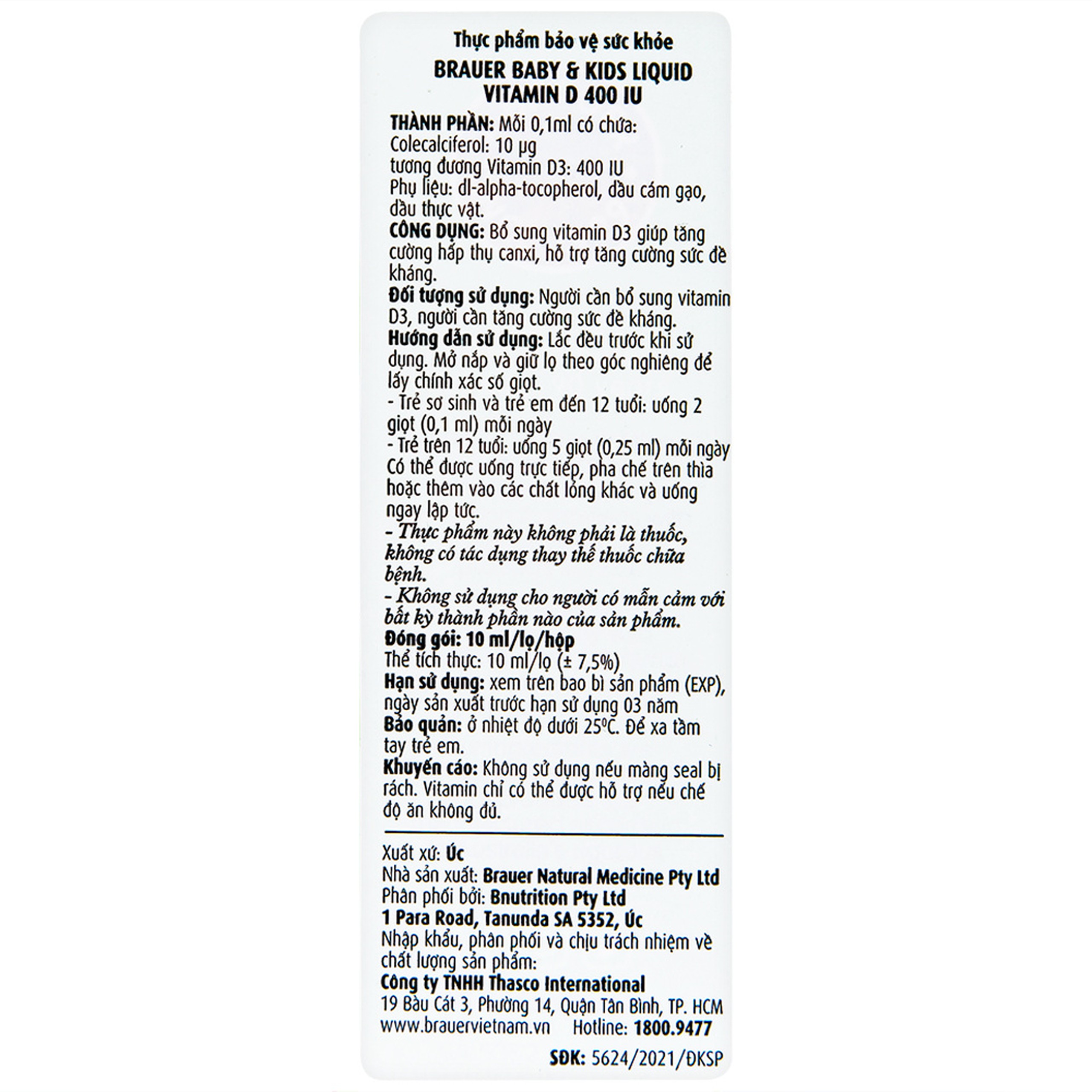 Siro Brauer Baby & Kids Liquid Vitamin D 400IU bổ sung vitamin D3, tăng cường hấp thụ canxi (10ml)