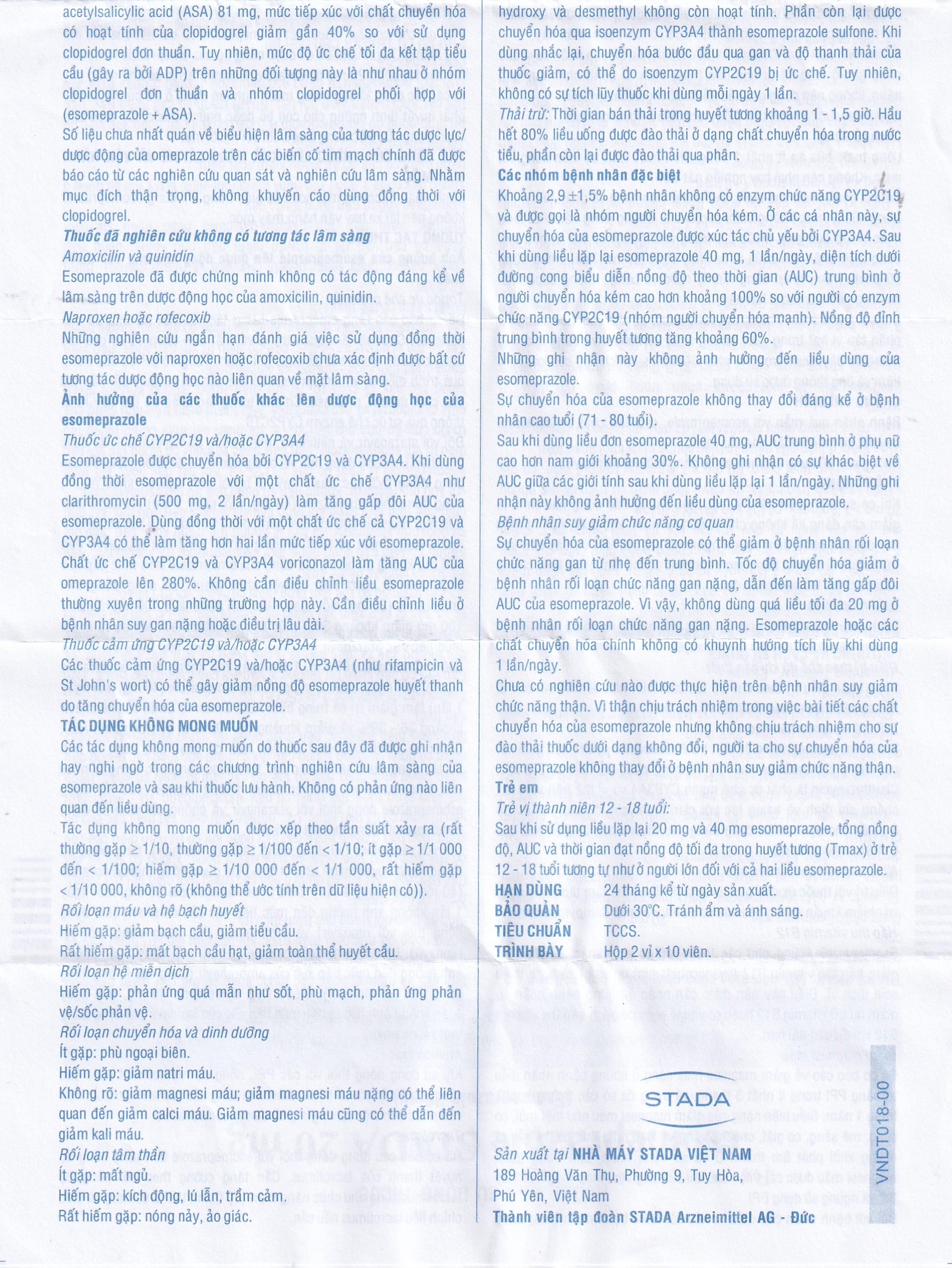 Thuốc Esomeprazole Stada 20mg điều trị trào ngược dạ dày, thực quản (2 vỉ x 10 viên)