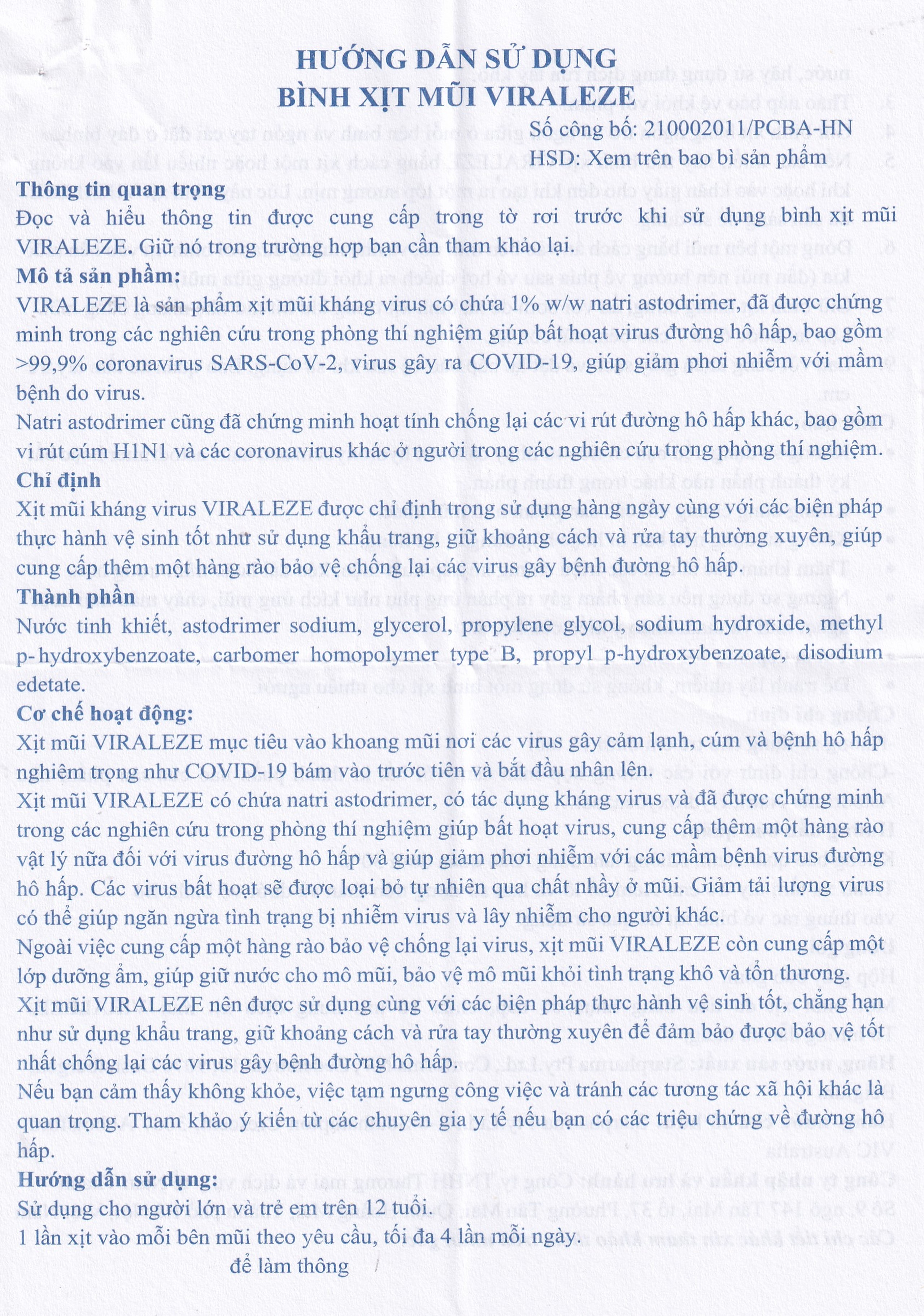 Bình xịt mũi Viraleze 10ml kháng virus gây bệnh đường hô hấp