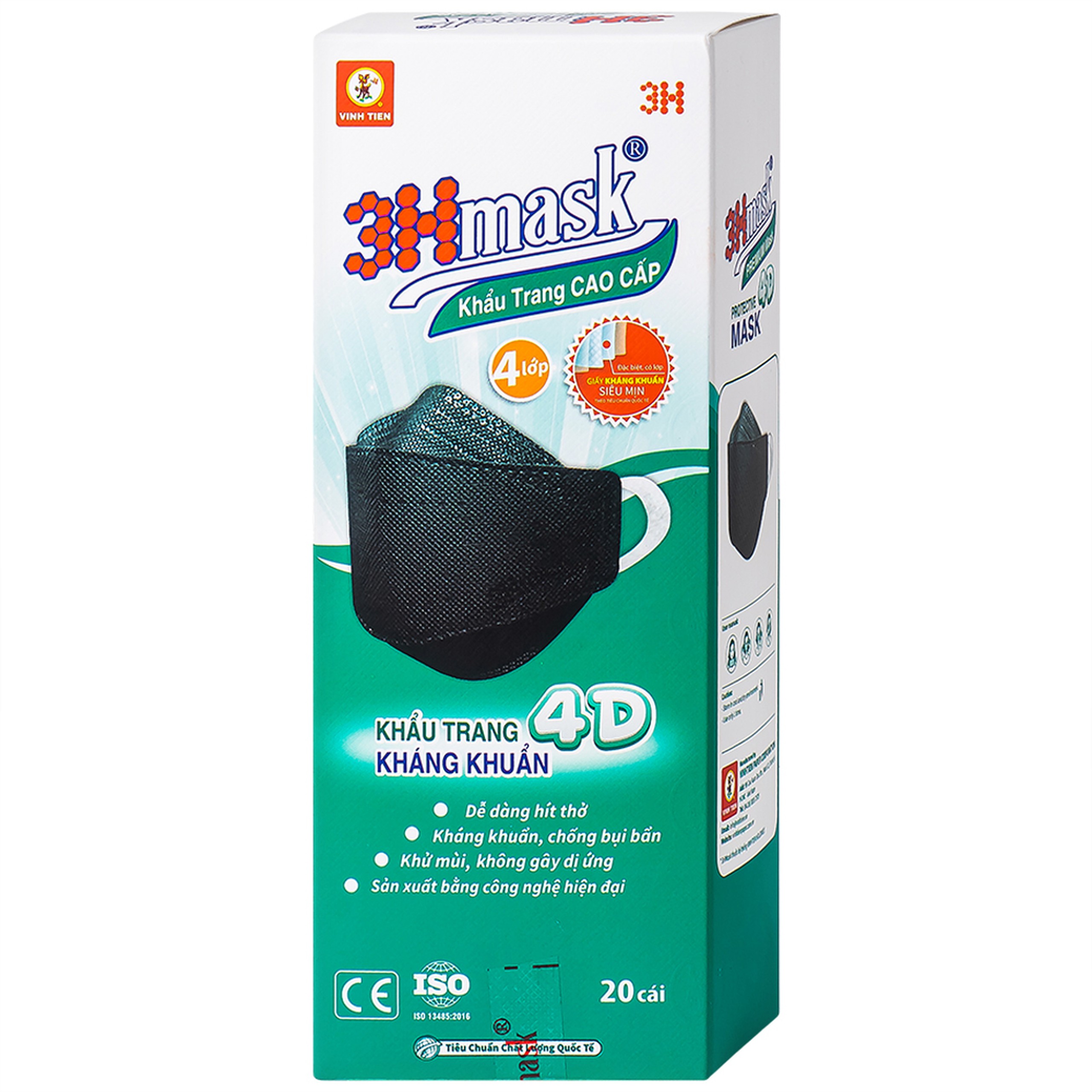 Khẩu trang y tế cao cấp 3Hmask Vĩnh Tiến 4D màu đen hỗ trợ ngăn khói, bụi, kháng khuẩn (20 cái)