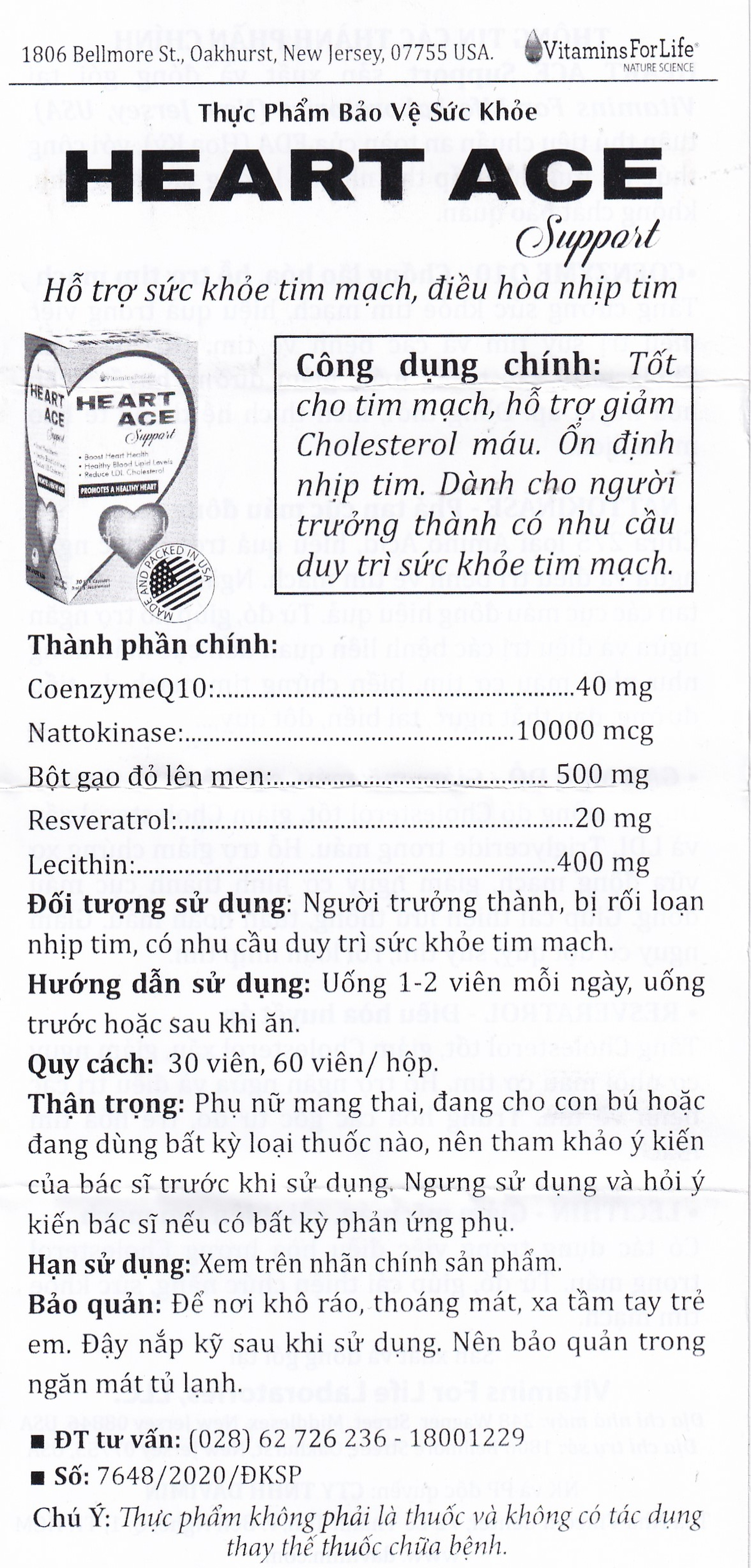 Viên uống hỗ trợ sức khỏe tim mạch, ổn định nhịp tim Heart Ace Support Vitamins For Life (30 viên)