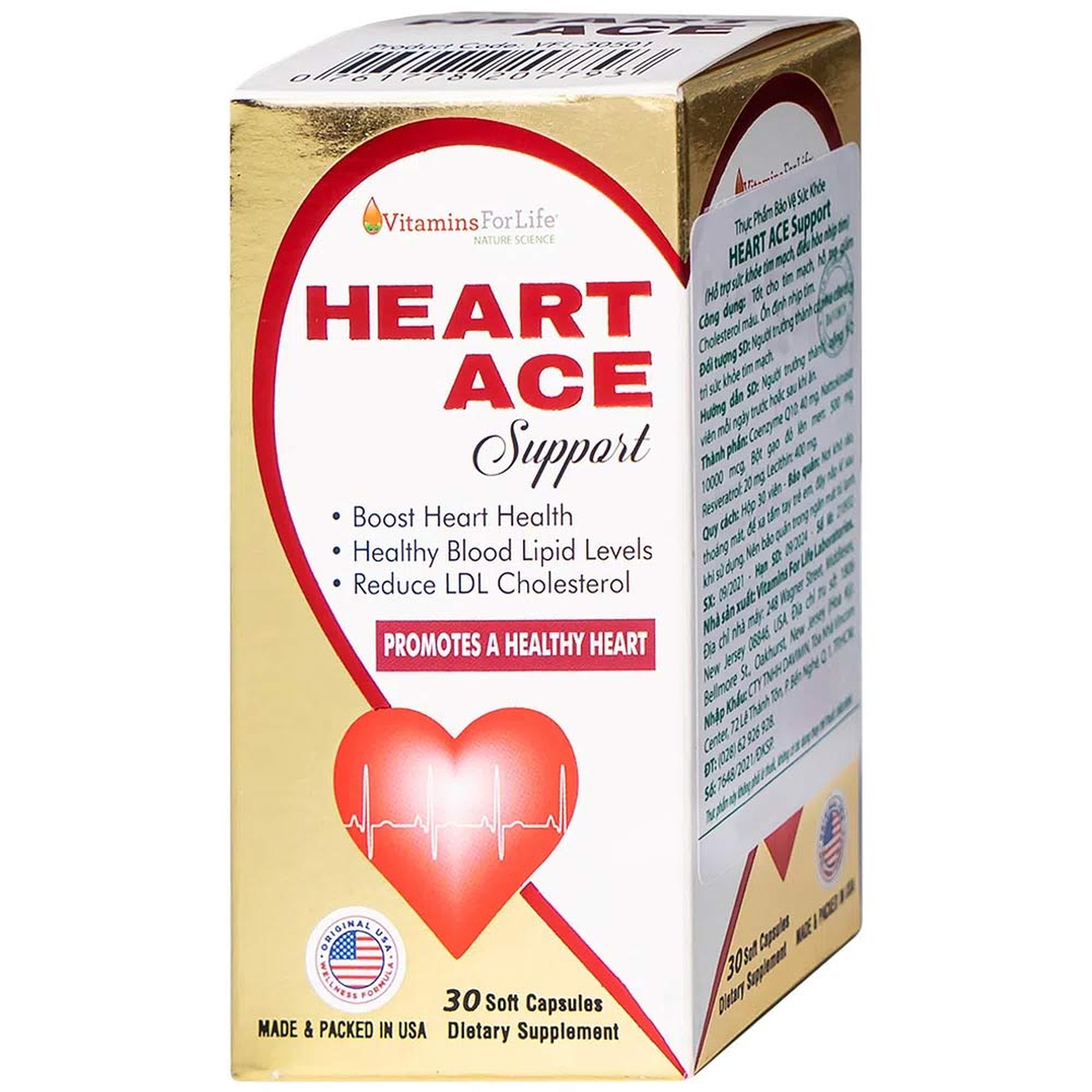Viên uống hỗ trợ sức khỏe tim mạch, ổn định nhịp tim Heart Ace Support Vitamins For Life (30 viên)