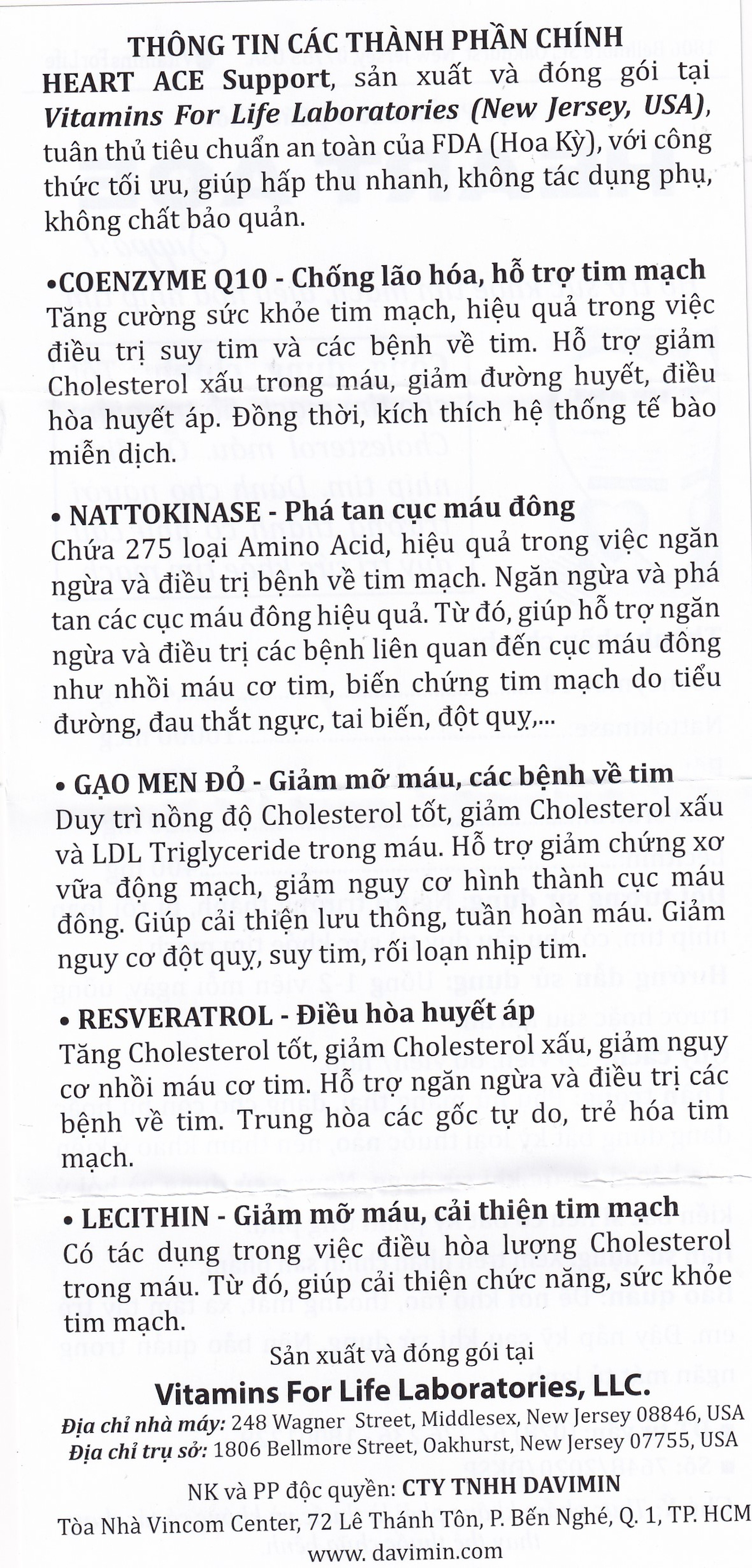 Viên uống hỗ trợ sức khỏe tim mạch, ổn định nhịp tim Heart Ace Support Vitamins For Life (30 viên)