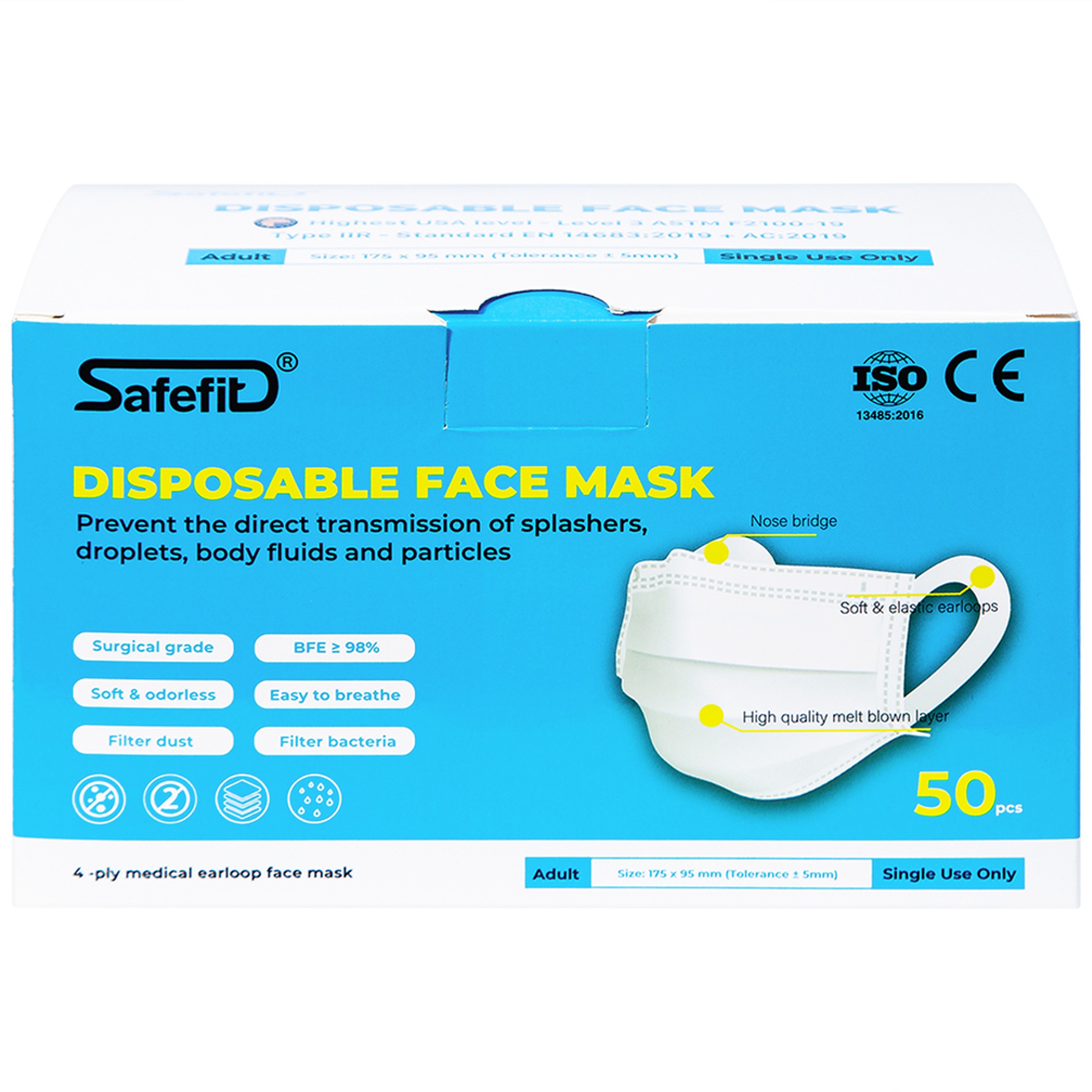 Khẩu trang 4 lớp Safefit màu trắng (50 cái) ngăn khói bụi, vi khuẩn