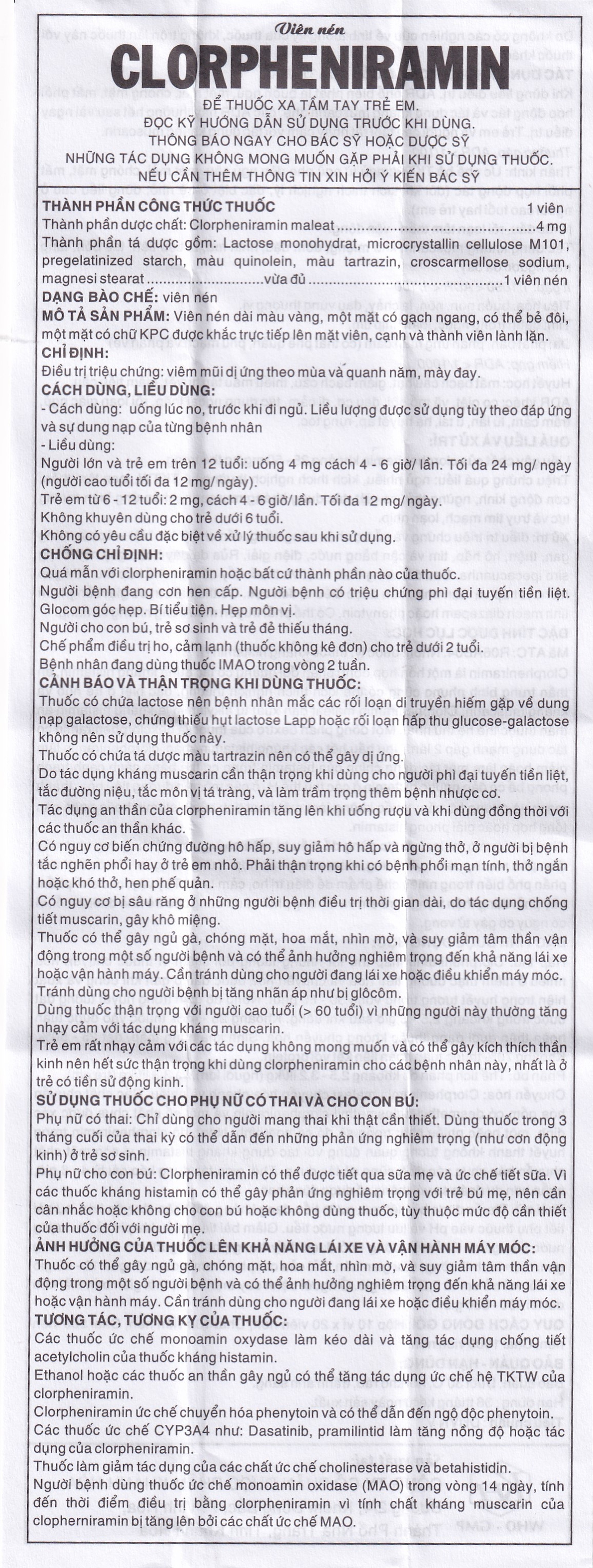 Thuốc Clorpheniramin 4mg Khapharco điều trị triệu chứng viêm mũi dị ứng theo mùa, quanh năm và mày đay (10 vỉ x 20 viên)