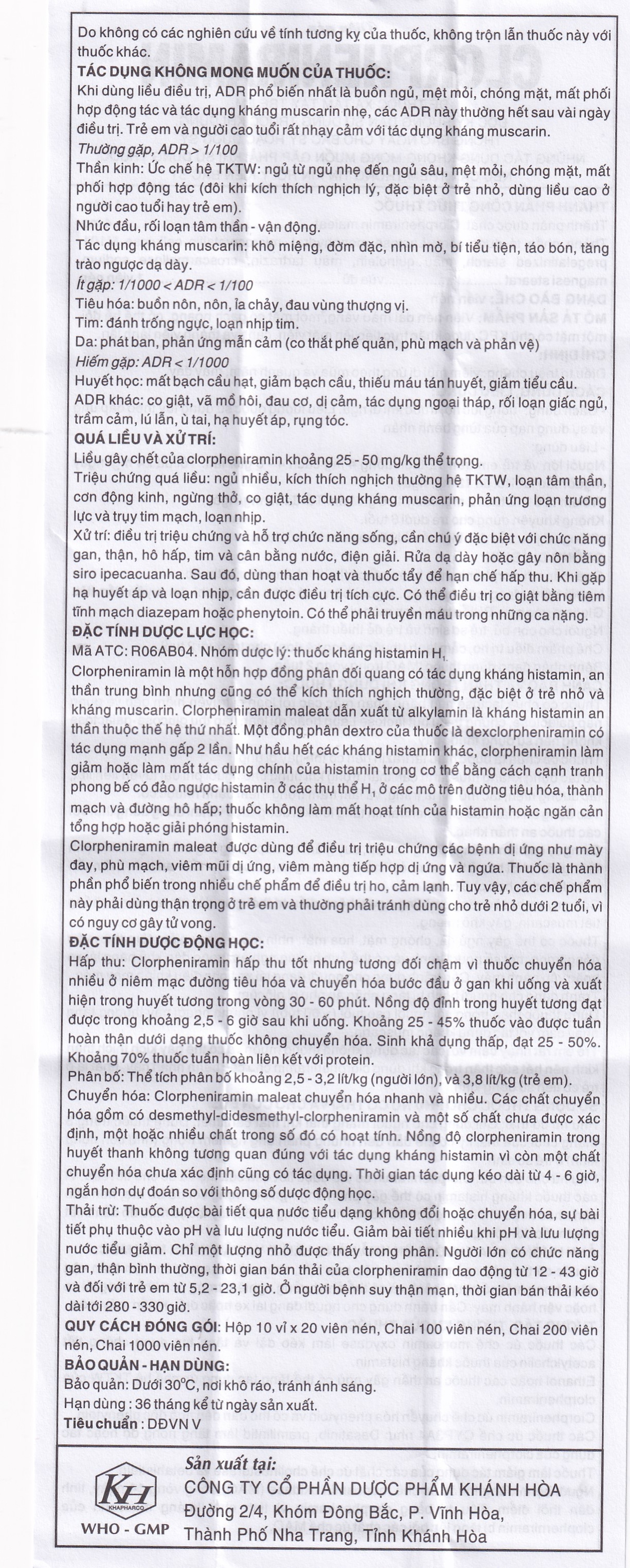 Thuốc Clorpheniramin 4mg Khapharco điều trị triệu chứng viêm mũi dị ứng theo mùa, quanh năm và mày đay (10 vỉ x 20 viên)