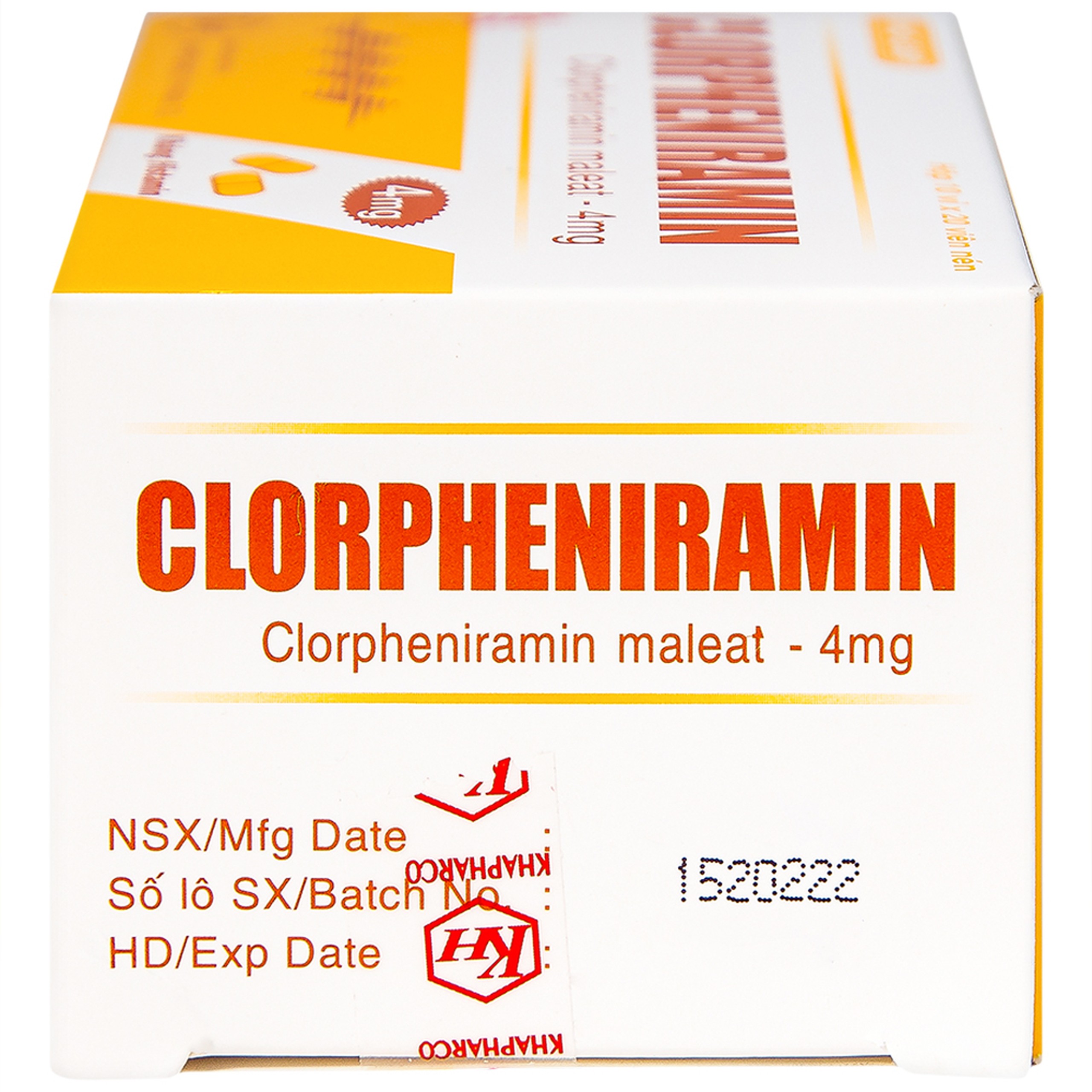 Thuốc Clorpheniramin 4mg Khapharco điều trị triệu chứng viêm mũi dị ứng theo mùa, quanh năm và mày đay (10 vỉ x 20 viên)