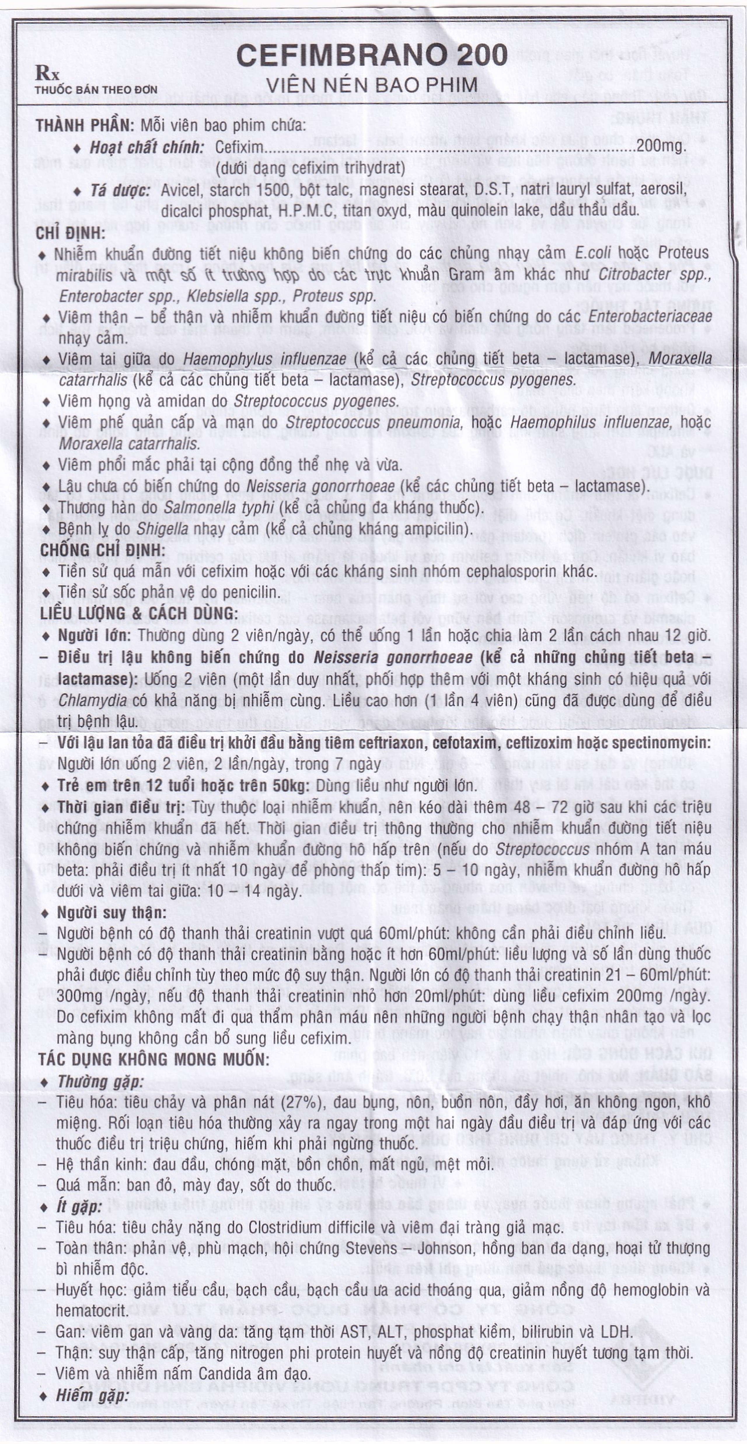Thuốc Cefimbrano 200mg Vidipha điều trị nhiễm khuẩn (1 vỉ x 10 viên)