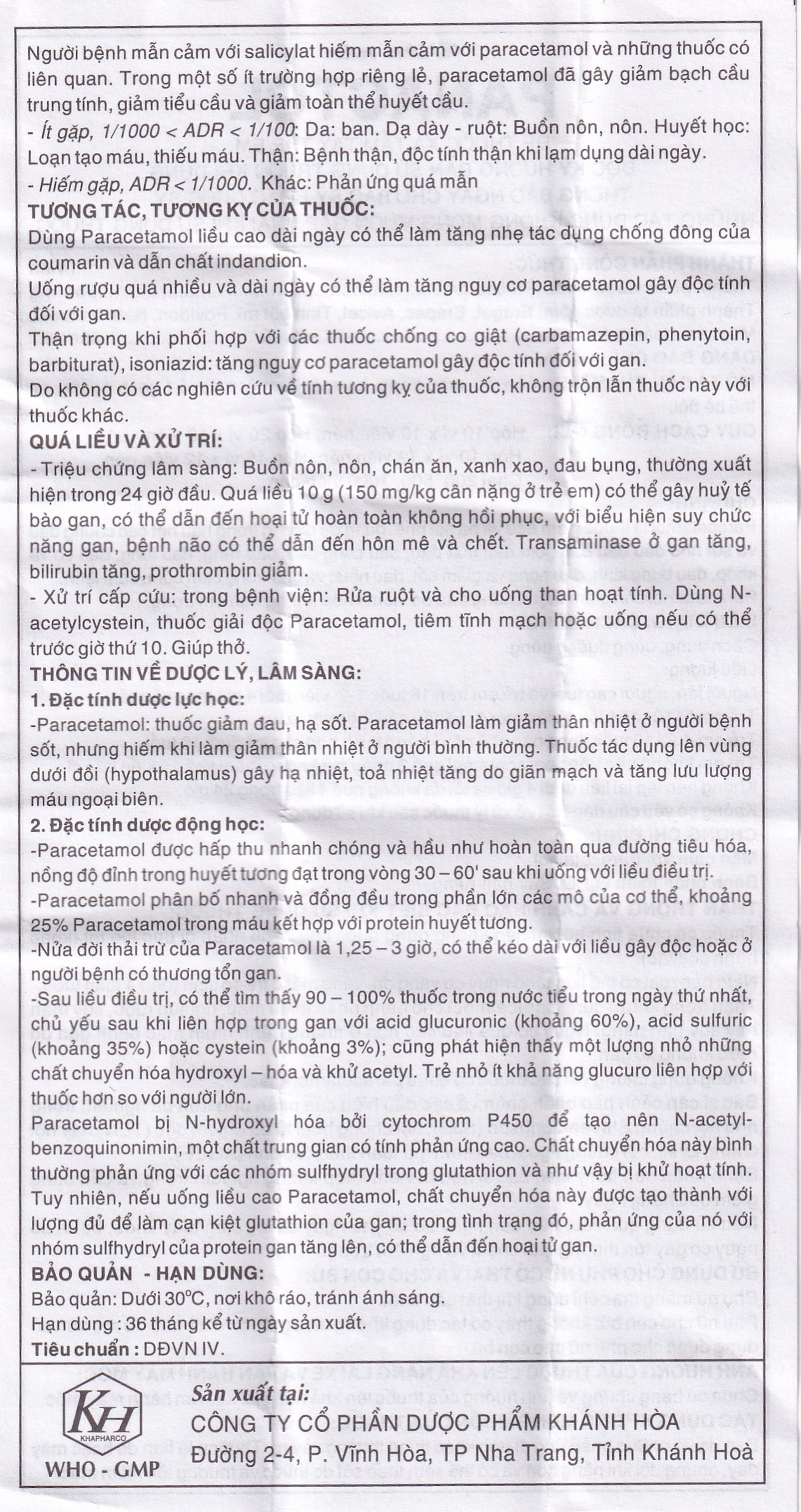 Viên nén Panactol 500mg Khapharco giảm đau, hạ sốt, điều trị đau đầu, đau răng (10 vỉ x 10 viên)