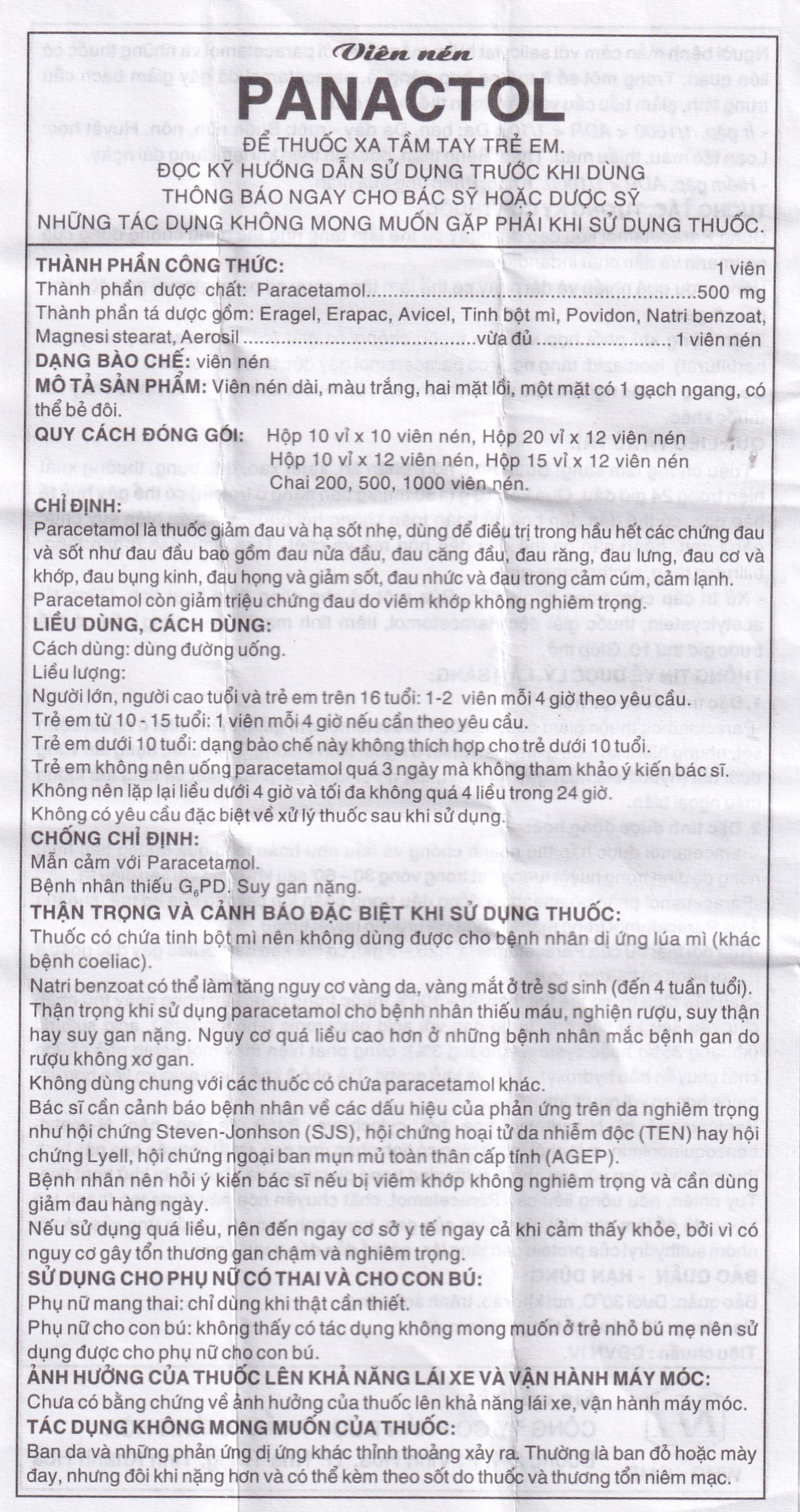 Viên nén Panactol 500mg Khapharco giảm đau, hạ sốt, điều trị đau đầu, đau răng (10 vỉ x 10 viên)