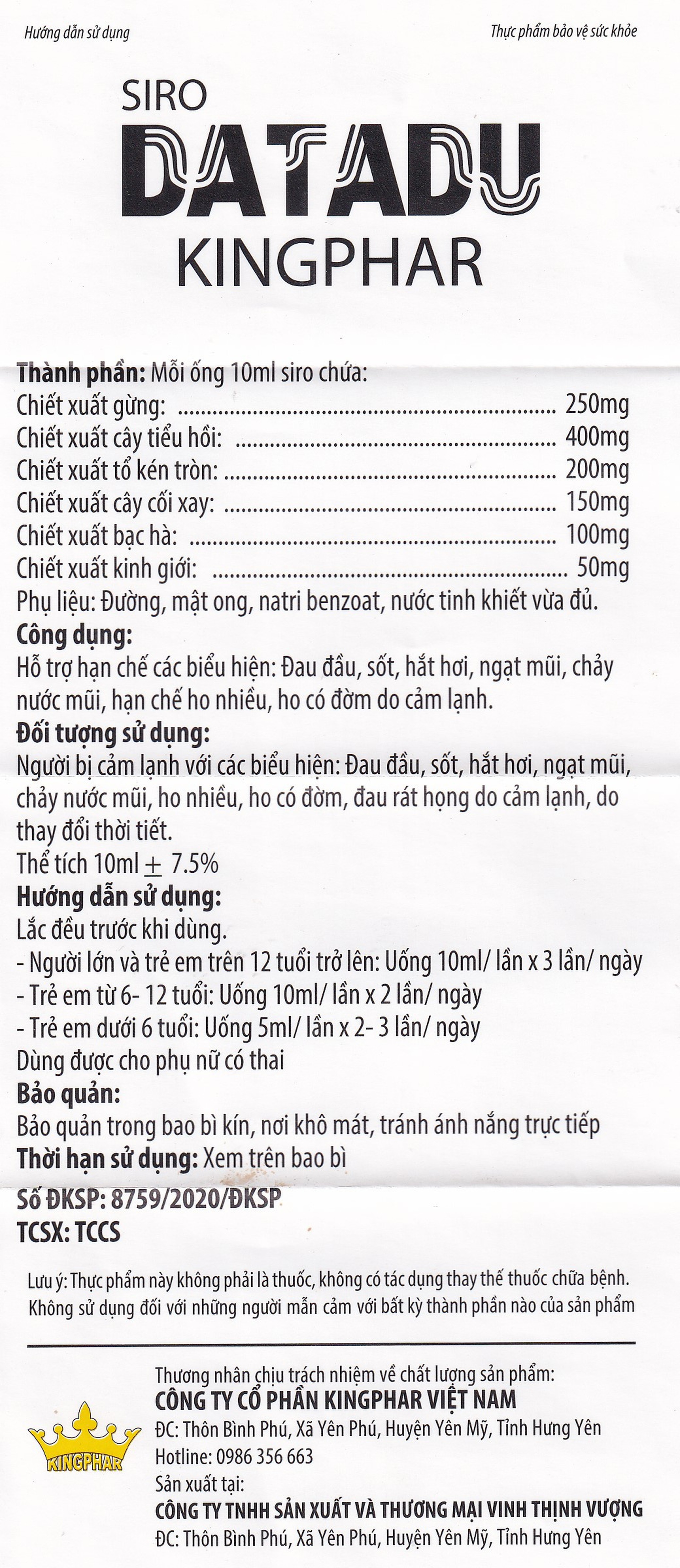 Siro hỗ trợ hạn chế đau đầu sốt ho Datadu Kingphar (4 vỉ x 5 ống x 10ml)