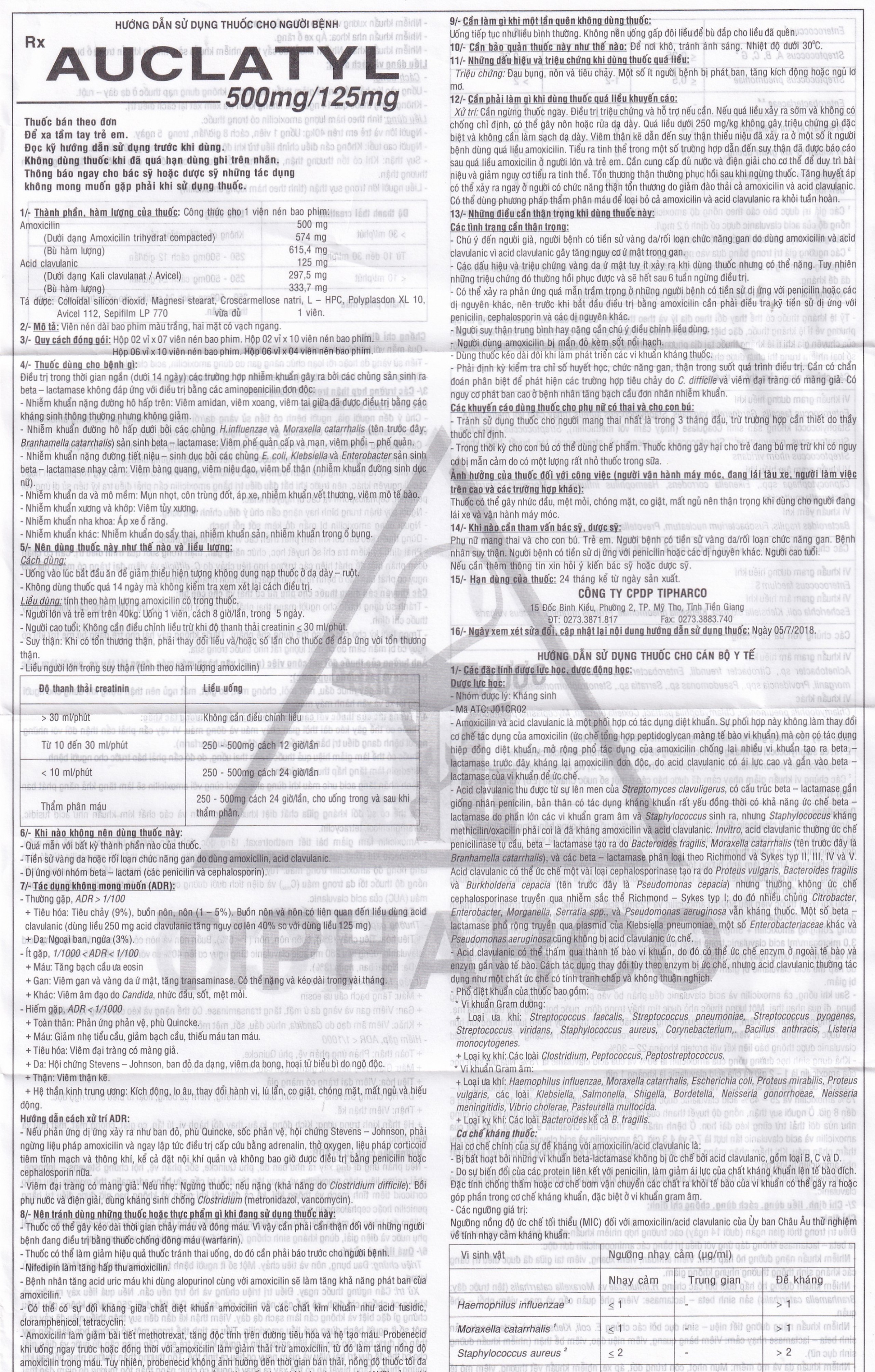 Thuốc Auclatyl 500mg/125mg Tipharco điều trị nhiễm khuẩn (2 vỉ x 10 viên)