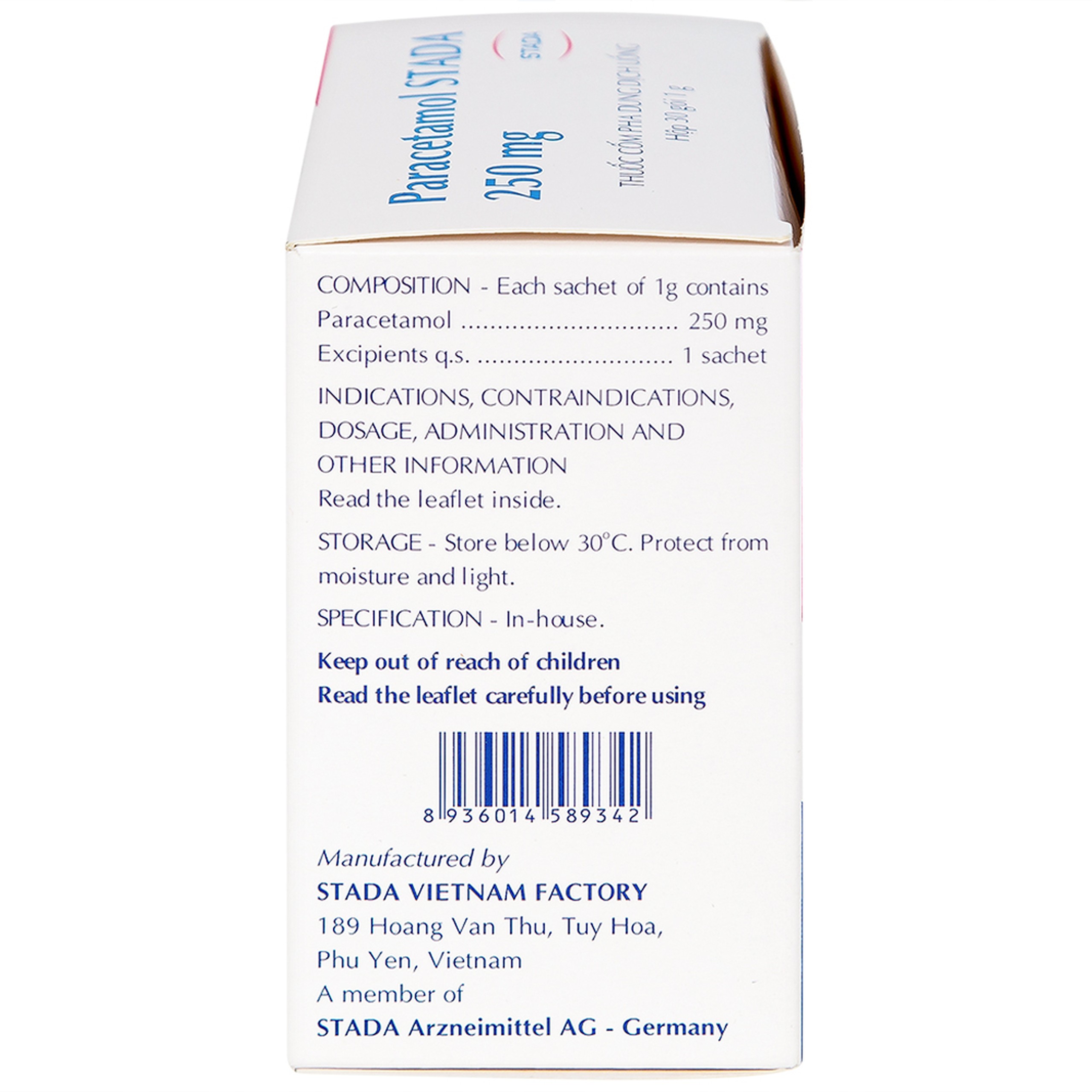 Cốm Paracetamol Stada 250mg điều trị các cơn đau do cảm cúm, nhức đầu, đau họng (30 gói x 1g)